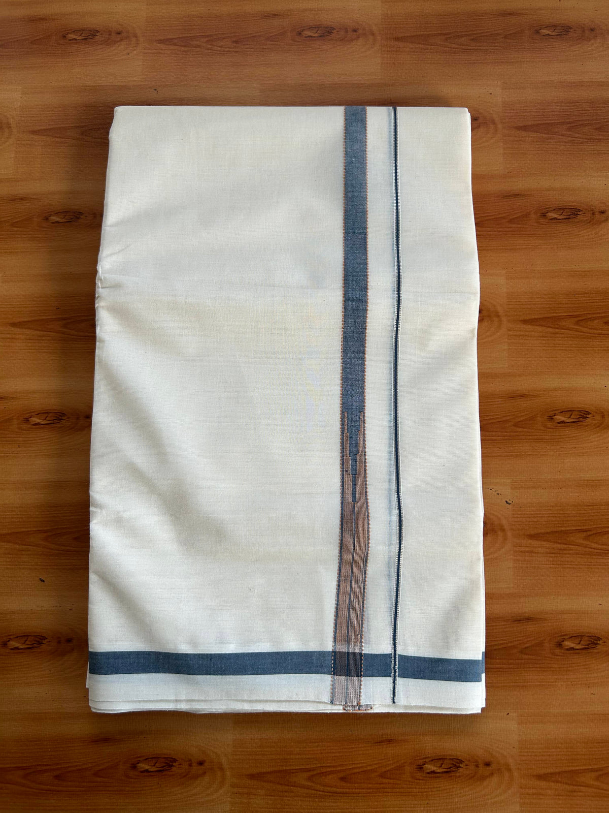 Double Off White (Unbleached) Mundu/Dhoti - 20% Discount!! KaithariKada Pulimood 100% Cotton 100X80 - 1.5 cm Puliyilakkara Silver Kasav Peakcock Blue & Peach Orange Striped One Side Chutty Kara - 4 mtr (8.5 muzham) - 12 KK5548 VAS