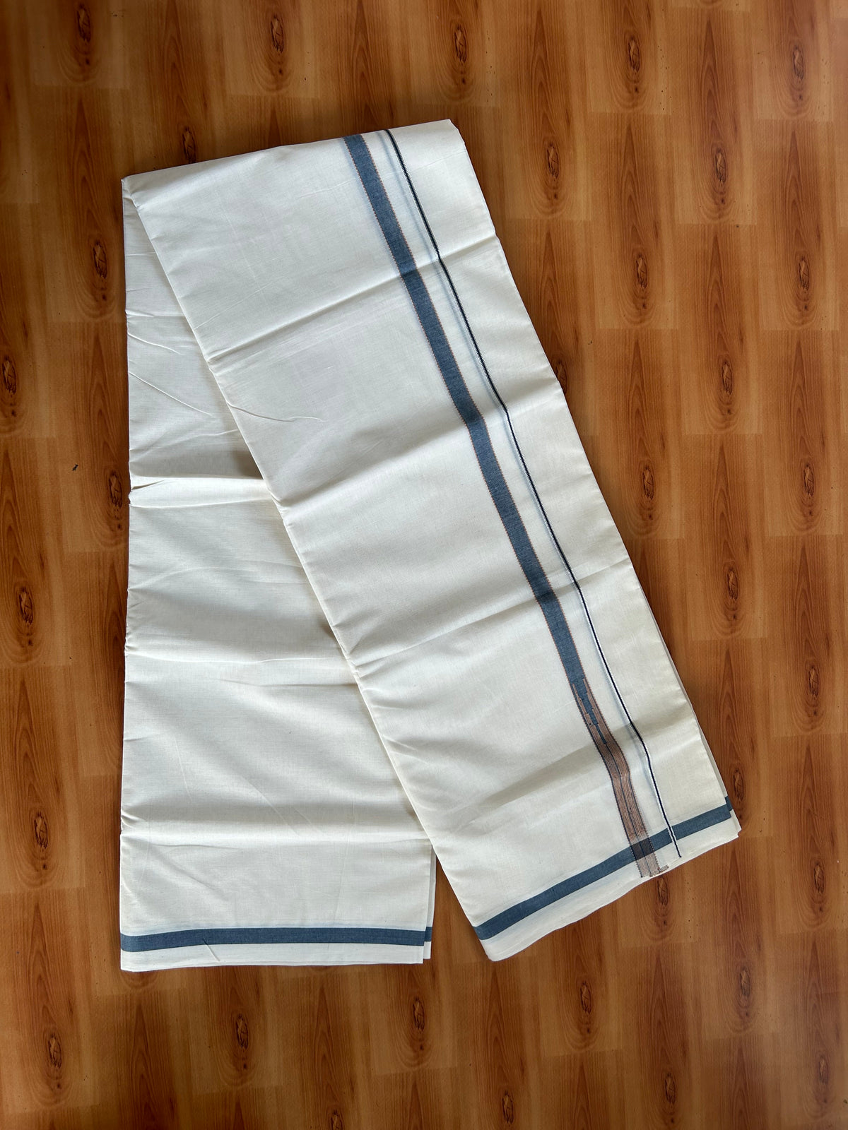 Double Off White (Unbleached) Mundu/Dhoti - 20% Discount!! KaithariKada Pulimood 100% Cotton 100X80 - 1.5 cm Puliyilakkara Silver Kasav Peakcock Blue & Peach Orange Striped One Side Chutty Kara - 4 mtr (8.5 muzham) - 12 KK5548 VAS