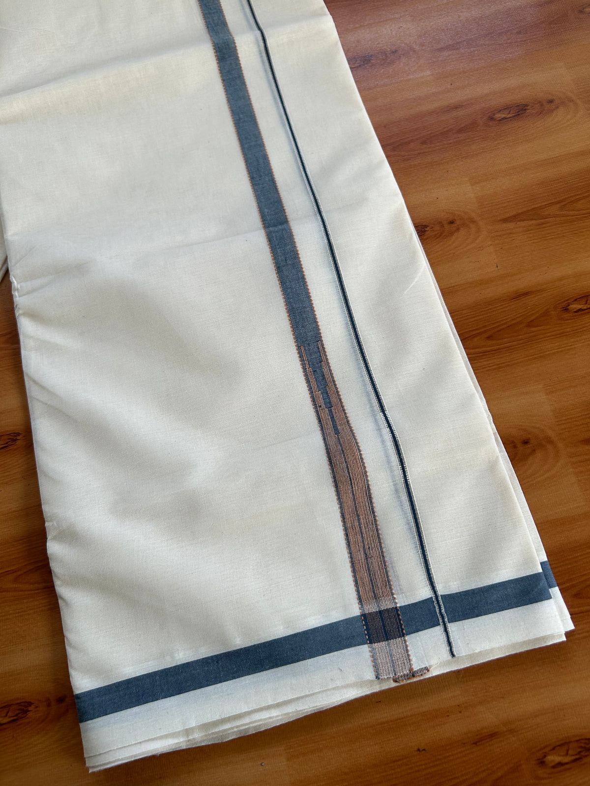 Double Off White (Unbleached) Mundu/Dhoti - 20% Discount!! KaithariKada Pulimood 100% Cotton 100X80 - 1.5 cm Puliyilakkara Silver Kasav Peakcock Blue & Peach Orange Striped One Side Chutty Kara - 4 mtr (8.5 muzham) - 12 KK5548 VAS