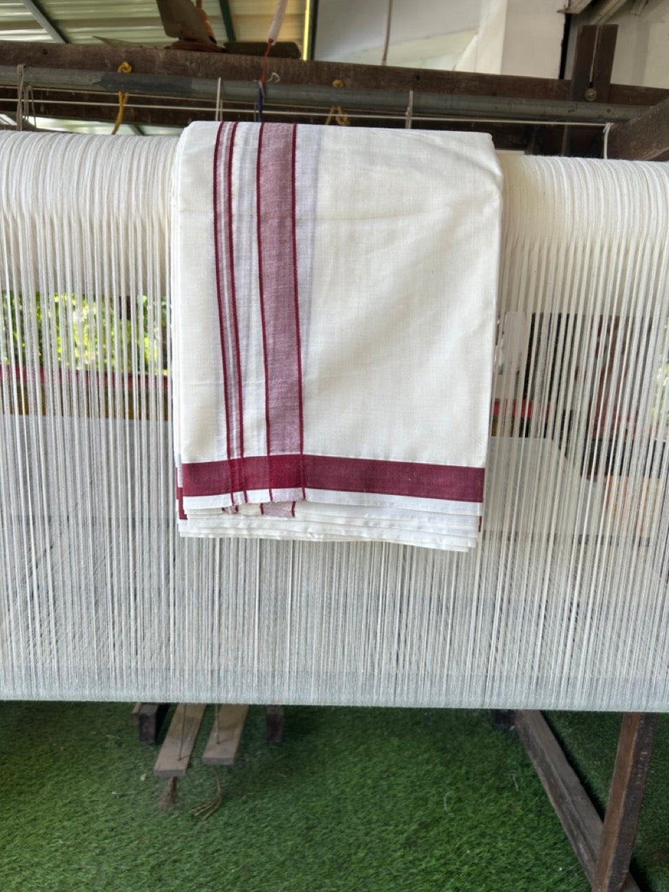 20% Discount! Kaitharikada Mixed Cotton Off White (Unbleached) - 80x90 - North Indian Attached Gamcha - 10x6 - Maroon Shaded border - 25 KK8304 PMC