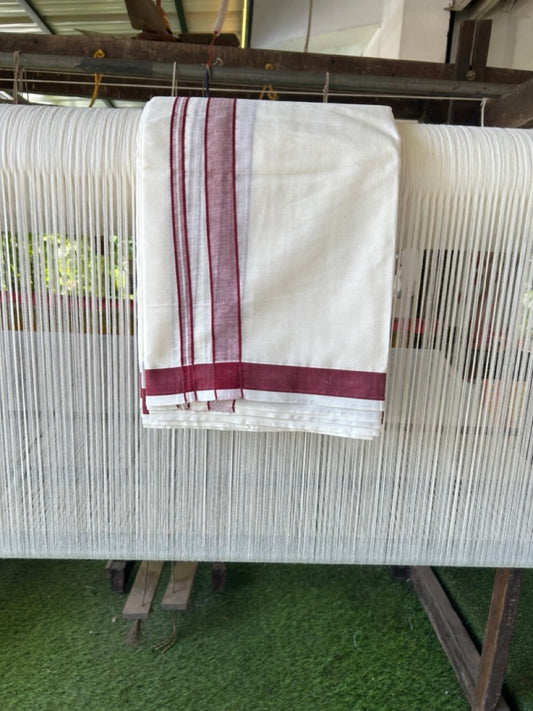 20% Discount! Kaitharikada Mixed Cotton Off White (Unbleached) - 80x90 - North Indian Attached Gamcha - 10x6 - Maroon Shaded border - 25 KK8304 PMC