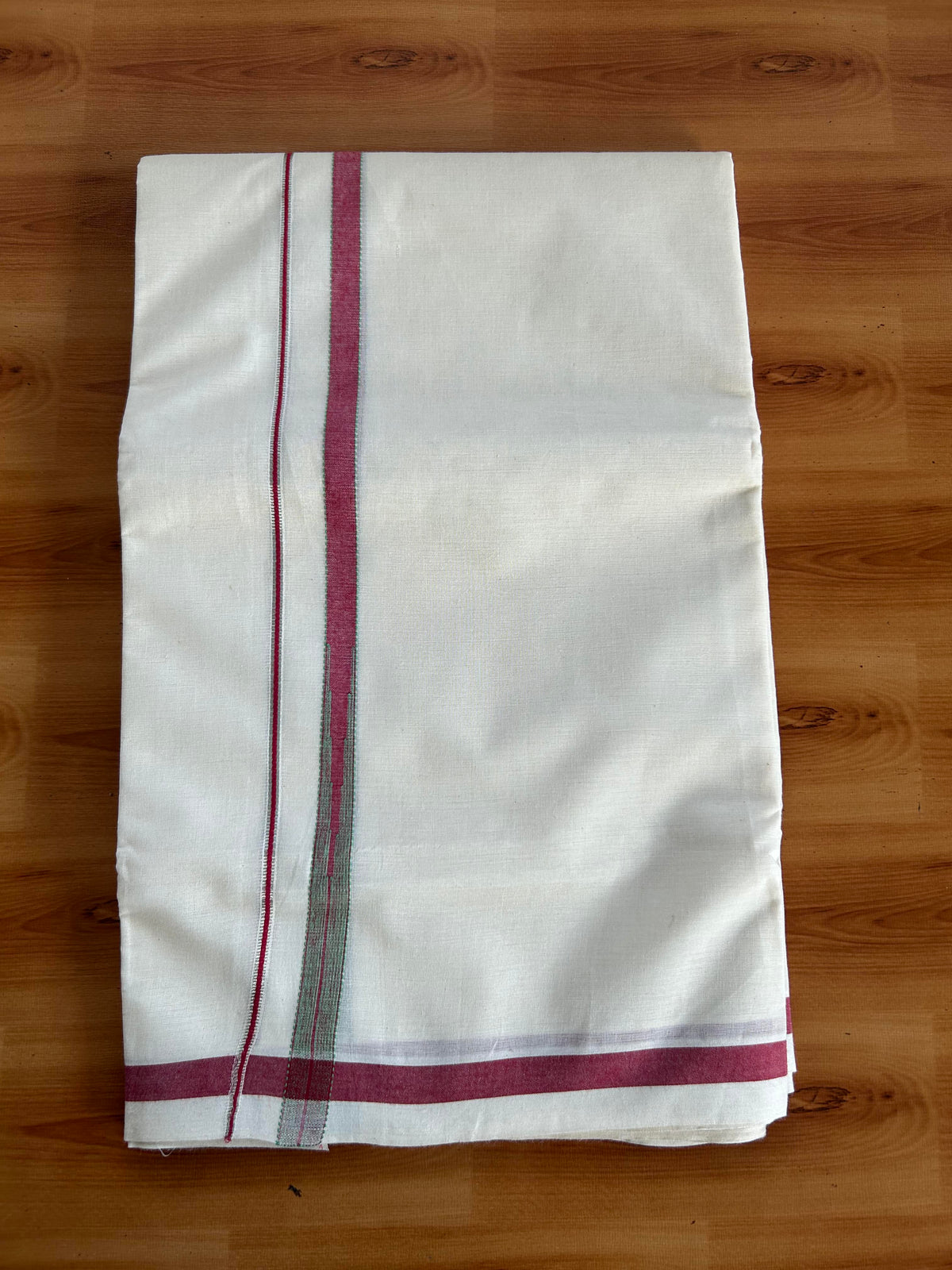 Double Off White (Unbleached) Mundu/Dhoti - 20% Discount!! KaithariKada Pulimood 100% Cotton 100X80-  0.5 inch Puliyilakkara Silver Kasav Red & Light Green Striped Chutty Kara - 4 mtr  (8.5 muzham) - 4 KK5548 VAS