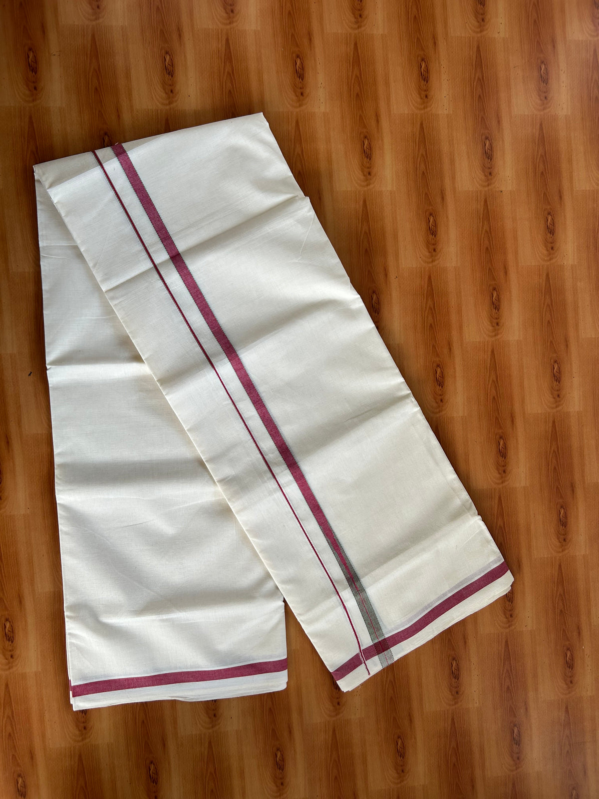 Double Off White (Unbleached) Mundu/Dhoti - 20% Discount!! KaithariKada Pulimood 100% Cotton 100X80-  0.5 inch Puliyilakkara Silver Kasav Red & Light Green Striped Chutty Kara - 4 mtr  (8.5 muzham) - 4 KK5548 VAS