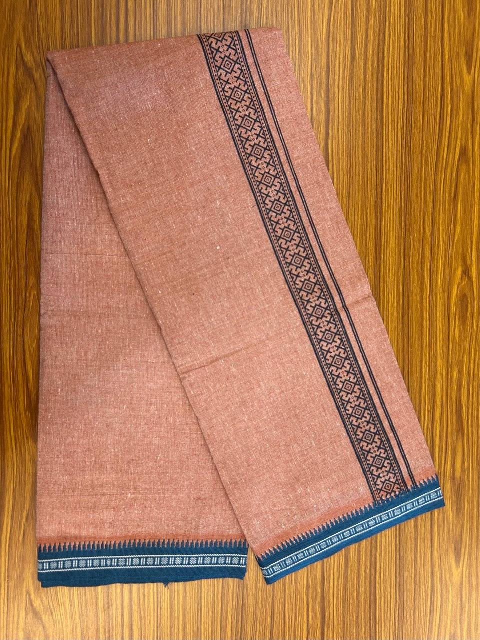 18% Discount!!! Kaitharikada Pure Cotton - Single Kaily / Lungi - 1.75 inch Dark Peacock Blue printed kuppadam Border with Kavi colour body  (2 meter / 4 muzham)- 17KK8023 AS