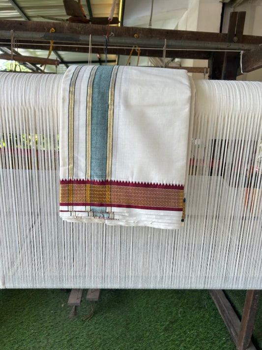 20% Discount! KaithariKada Cotton Mix Off White - (Unbleached) 80X90 thread - North Indian- Attached Gamcha - 10X6 Dhoti - 1.25 inch Green Gold Kasav kara with Dark Maroon & Green Gold Kasav Design border - 11 KK8304 PMC
