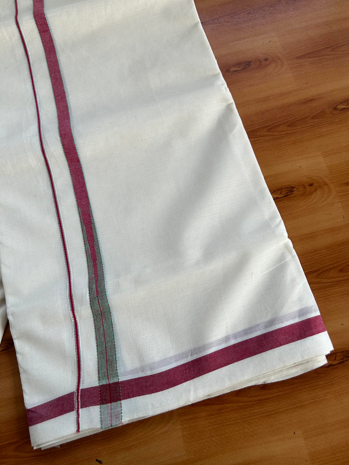 Double Off White (Unbleached) Mundu/Dhoti - 20% Discount!! KaithariKada Pulimood 100% Cotton 100X80-  0.5 inch Puliyilakkara Silver Kasav Red & Light Green Striped Chutty Kara - 4 mtr  (8.5 muzham) - 4 KK5548 VAS
