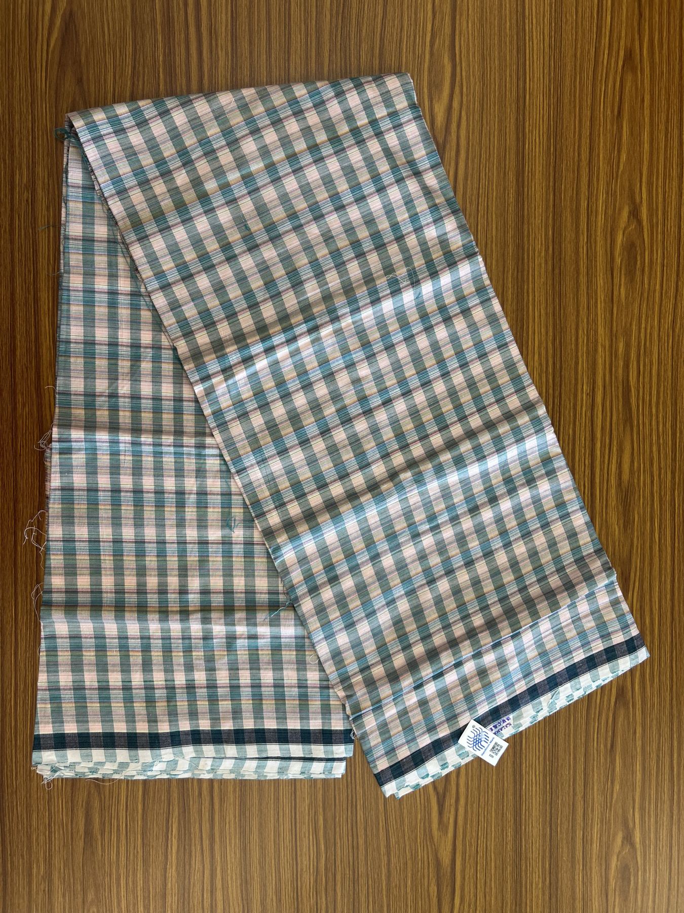 Kerala Handloom - Signature Kaitharikada - Government Sealed Hallmarked - 100% Pure Cotton - 2/60X40s Twisted Thread - Handloom Single Mundu/Dhoti - Green & Light Peach Check Body  - Above 2 mtr - 65 KK8046 KAL