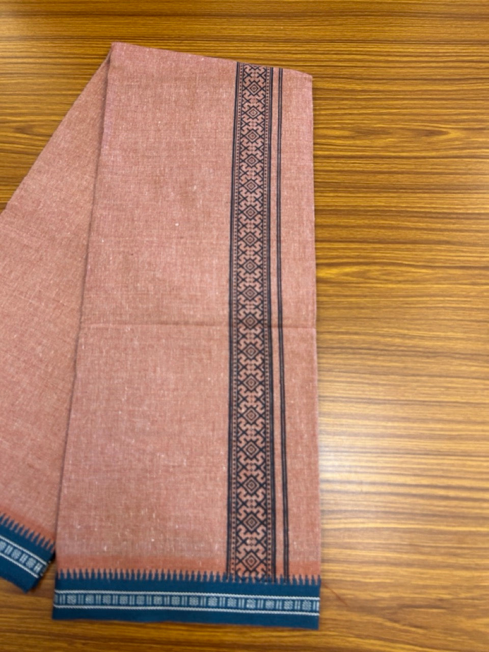 18% Discount!!! Kaitharikada Pure Cotton - Single Kaily / Lungi - 1.75 inch Dark Peacock Blue printed kuppadam Border with Kavi colour body  (2 meter / 4 muzham)- 17KK8023 AS