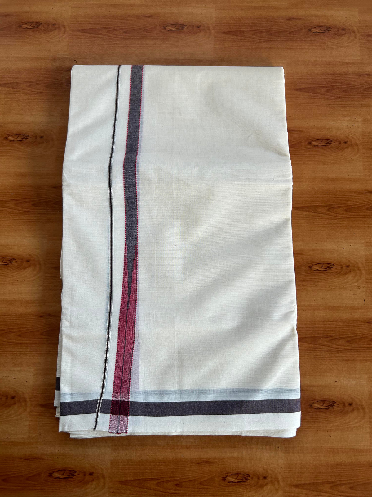 Double Off White (Unbleached) Mundu/Dhoti - 20% Discount!! KaithariKada Pulimood 100% Cotton 100X80 - 0.5 inch Puliyilakkara Silver Kasav Brown & Red Striped Chutty Kara - 4 mtr (8.5 muzham) - 13 KK5548 VAS