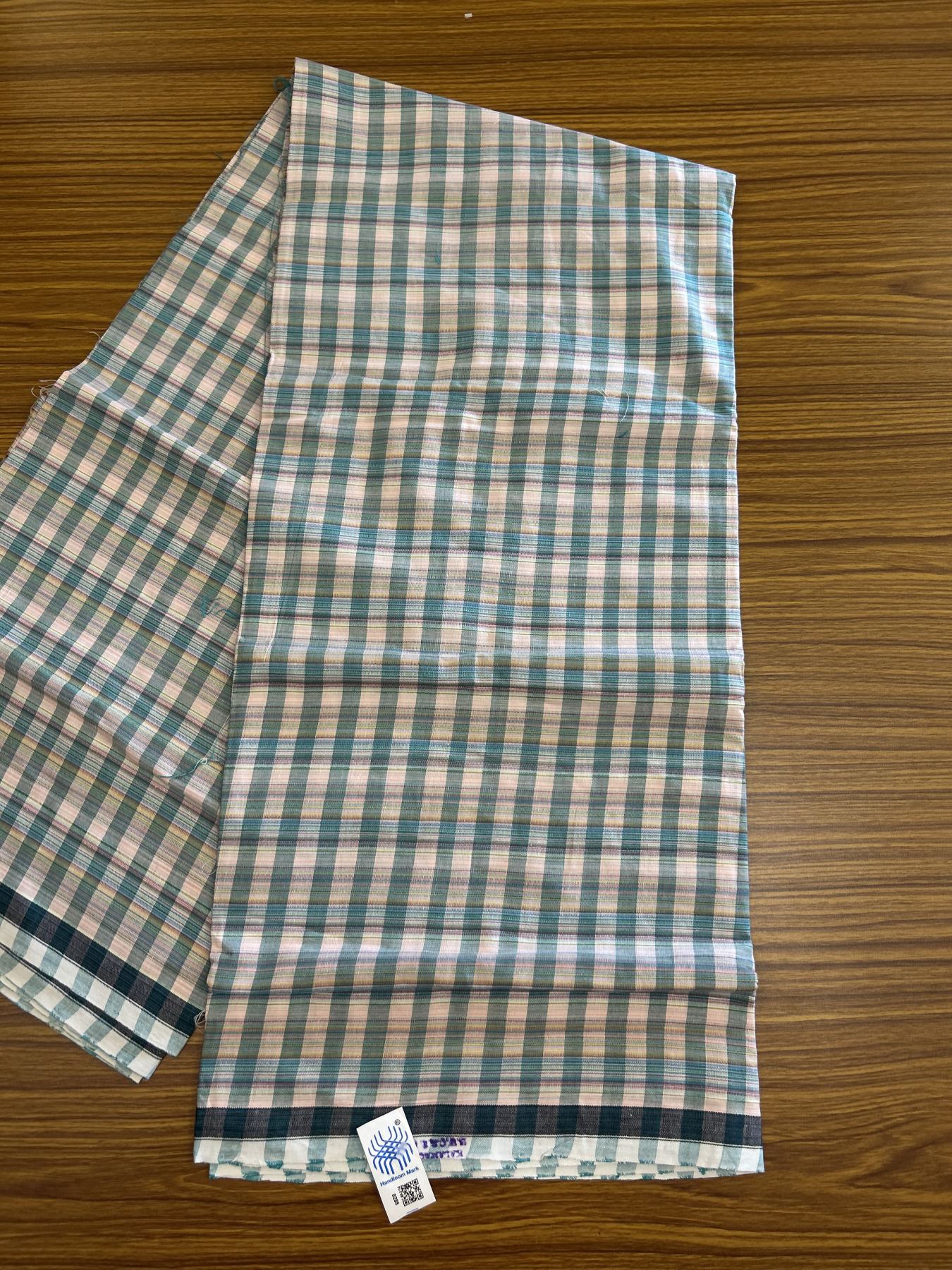 Kerala Handloom - Signature Kaitharikada - Government Sealed Hallmarked - 100% Pure Cotton - 2/60X40s Twisted Thread - Handloom Single Mundu/Dhoti - Green & Light Peach Check Body  - Above 2 mtr - 65 KK8046 KAL