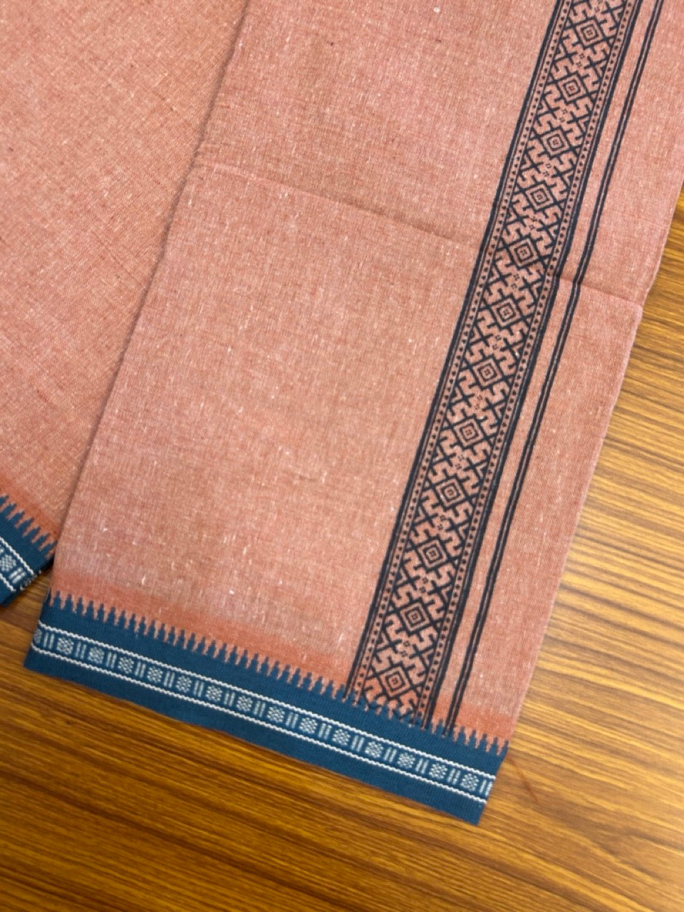 18% Discount!!! Kaitharikada Pure Cotton - Single Kaily / Lungi - 1.75 inch Dark Peacock Blue printed kuppadam Border with Kavi colour body  (2 meter / 4 muzham)- 17KK8023 AS