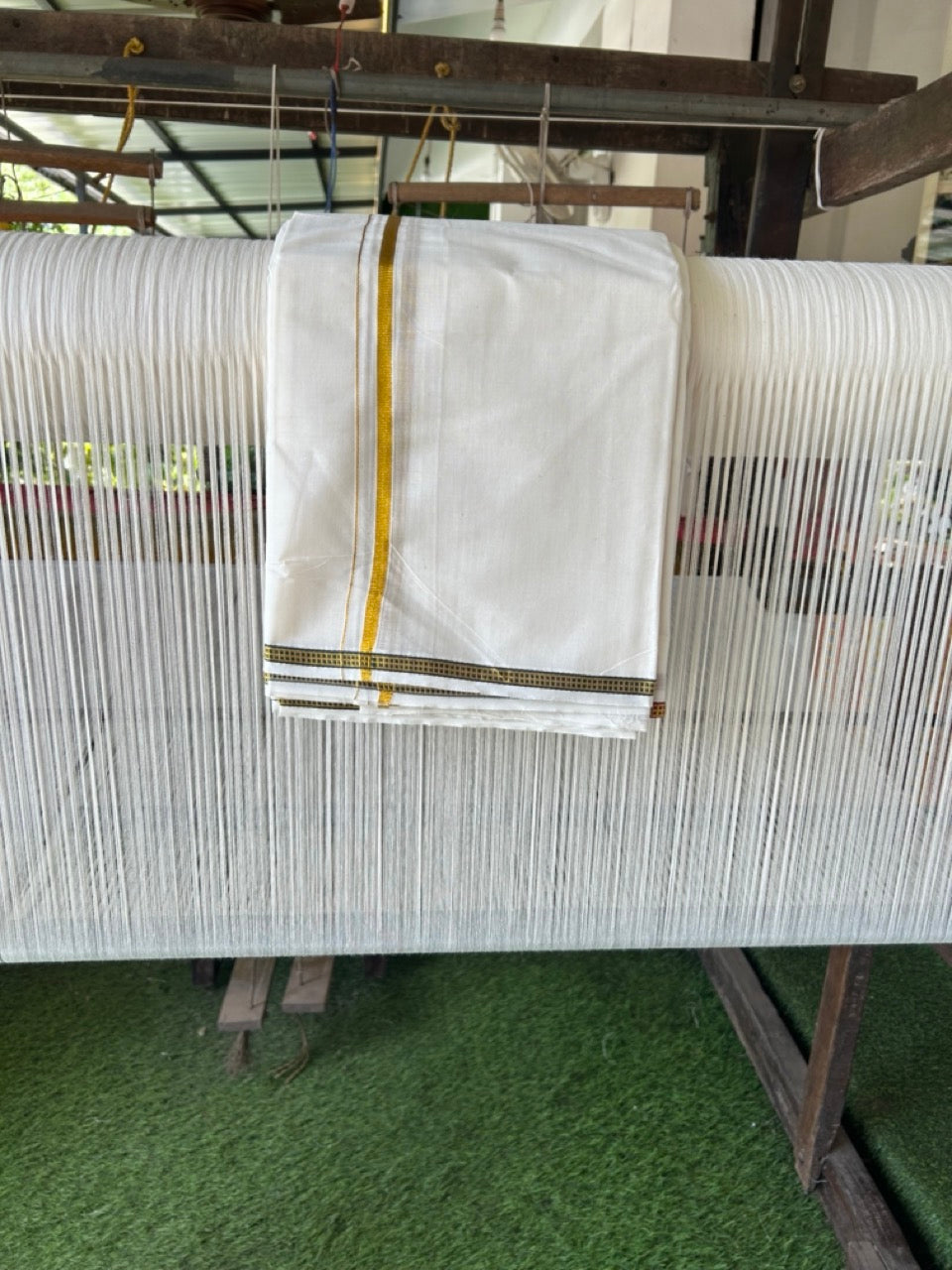 20% Discount! KaithariKada Cotton Mix Off White - (Unbleached) 80X90 thread - North Indian - Attached Gamcha - 10X6 Dhoti -0.25 inch Gold Kasav kara with Maroon & Green Gold Kasav Design border - 15 KK8304 PMC