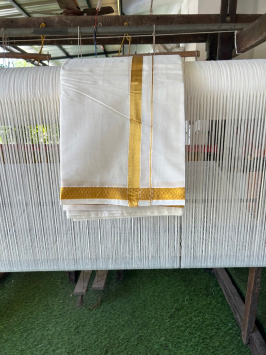 20% Discount! Kaitharikada Balaramapuram Cotton Mix Off White - (Unbleached) 80X90 thread - North Iindian- Attached Gamcha - 10X6 Dhoti - 1 inch Gold Kasav border - 22 KK8304 PMC