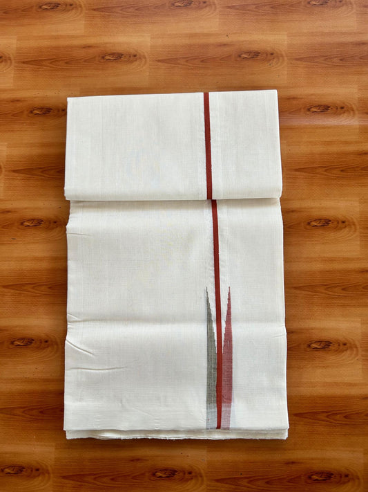Double Off White (Unbleached) Mundu/Dhoti - 25% Discount!! KaithariKada Handloom Unakkupaav - 100% Pure Cotton - 100x80 - 1 inch Puliyilakkara Rust Orange & Multi colour Chutty 4 meter (8.5 muzham) - 19 KK5498 REA