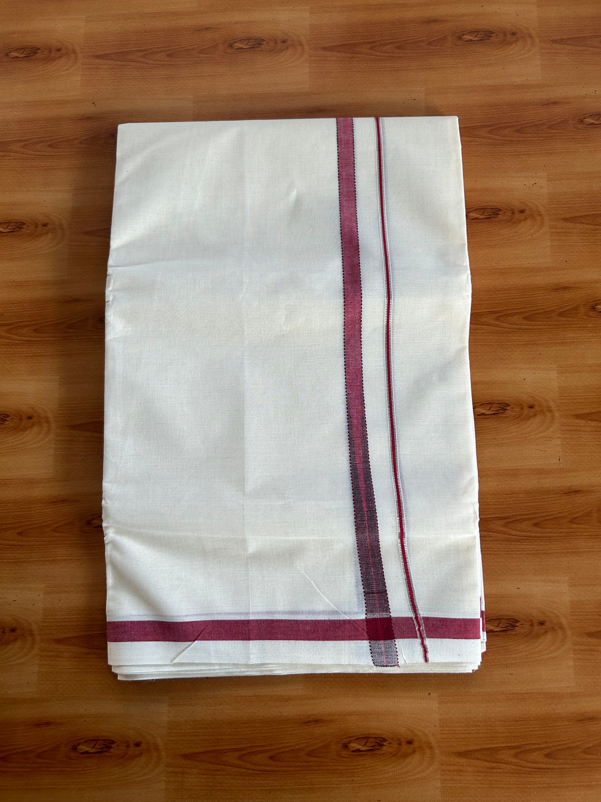 Double Off White (Unbleached) Mundu/Dhoti - 20% Discount!! KaithariKada Pulimood 100% Cotton 100X80 - 0.5 inch Puliyilakkara Silver Kasav Maroon & Brown Striped Chutty Kara - 4 mtr  (8.5 muzham) - 8 KK5548 VAS