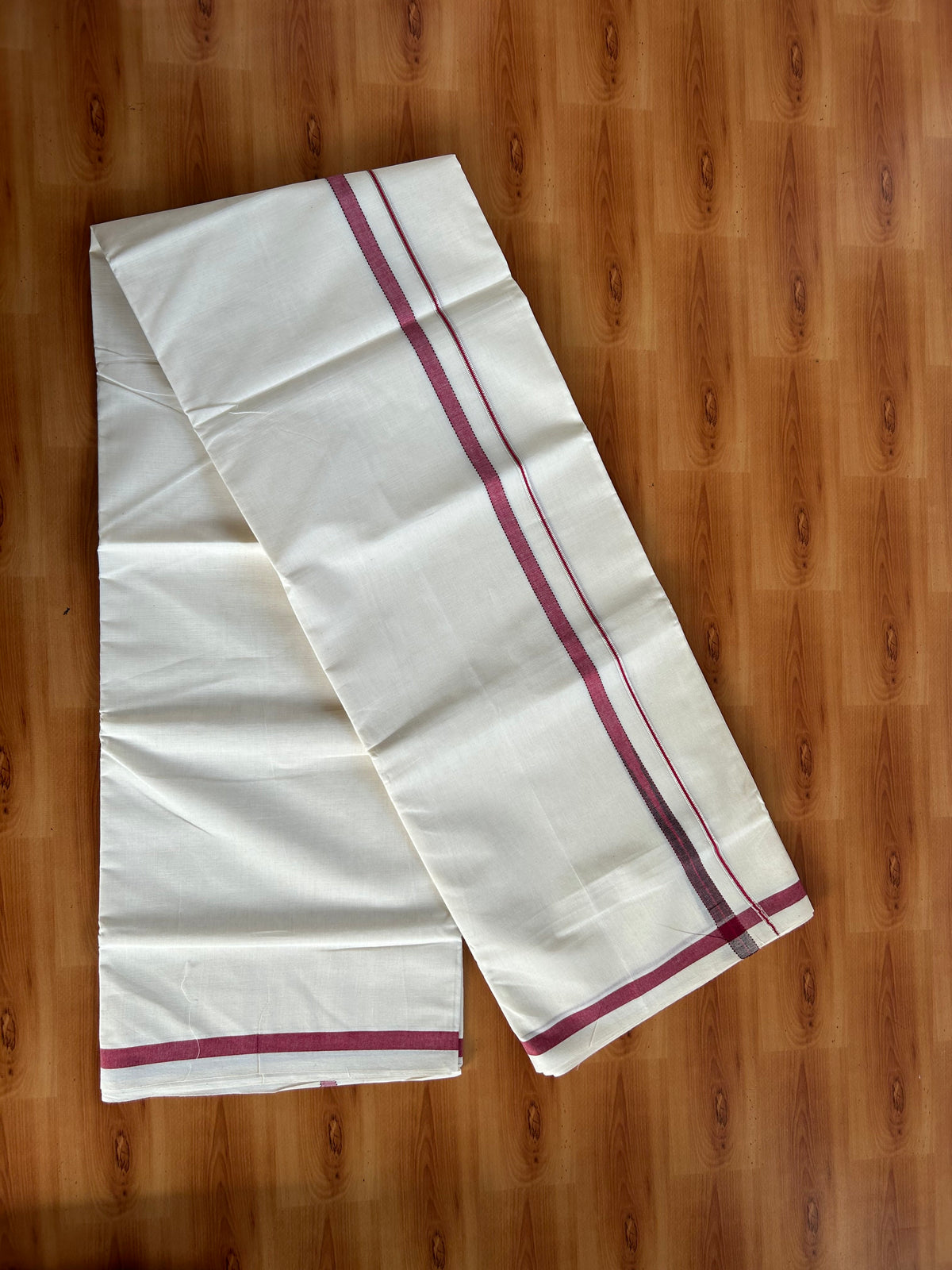 Double Off White (Unbleached) Mundu/Dhoti - 20% Discount!! KaithariKada Pulimood 100% Cotton 100X80 - 0.5 inch Puliyilakkara Silver Kasav Maroon & Brown Striped Chutty Kara - 4 mtr  (8.5 muzham) - 8 KK5548 VAS