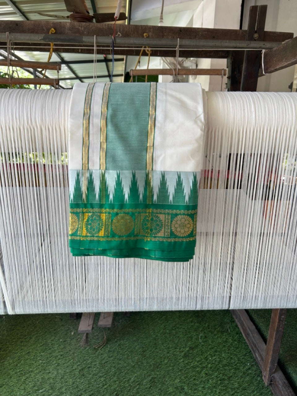 20% Discount! KaithariKada Cotton Mix Off White - (Unbleached) 80X90 thread - North Indian - Attached Gamcha - 10X6 Dhoti 3.75 inch Green Gold Kasav kara with Red & Green Gold Kasav Design border - 3 KK8304 PMC