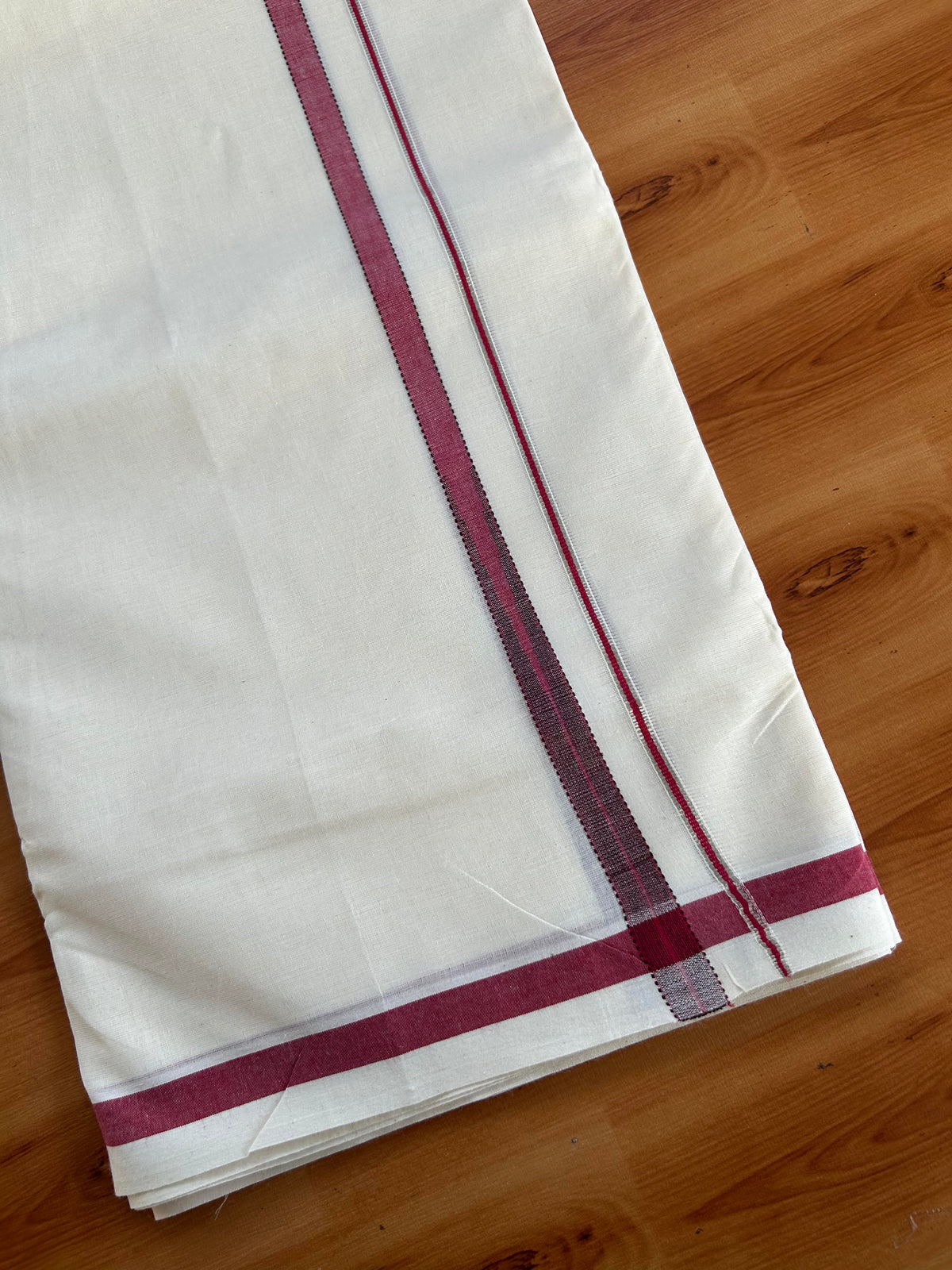 Double Off White (Unbleached) Mundu/Dhoti - 20% Discount!! KaithariKada Pulimood 100% Cotton 100X80 - 0.5 inch Puliyilakkara Silver Kasav Maroon & Brown Striped Chutty Kara - 4 mtr  (8.5 muzham) - 8 KK5548 VAS