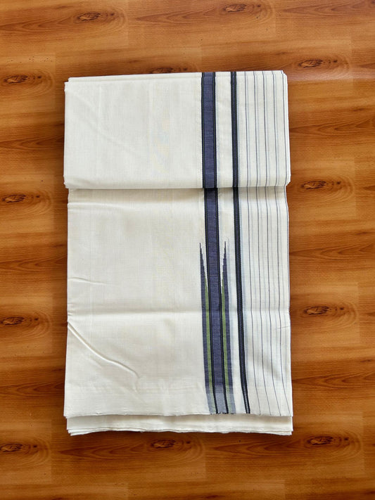 25% Discount!! KaithariKada Handloom  Unakkupaav  - Kerala Handloom - 100% Pure Cotton Off White - (Unbleached) Double Mundu/Dothi - 100x80 - 6.25 inch Green & Violet Chutty Side Stripes Kara 4 meter (8.5 Muzham) - 35 KK5498 REA