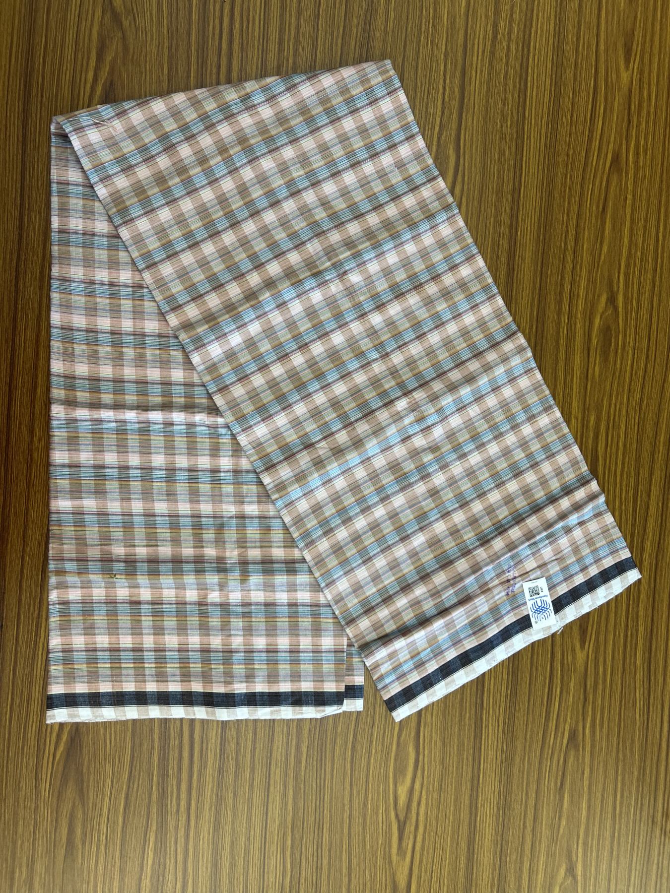 Kerala Handloom - Signature Kaitharikada - 100% Pure Cotton - 2/60X40s Twisted Thread - Handloom Single Mundu/Dhoti - Light Peach & Multi colour Check Body  - Above 2 mtr - 66 KK8046 KAL