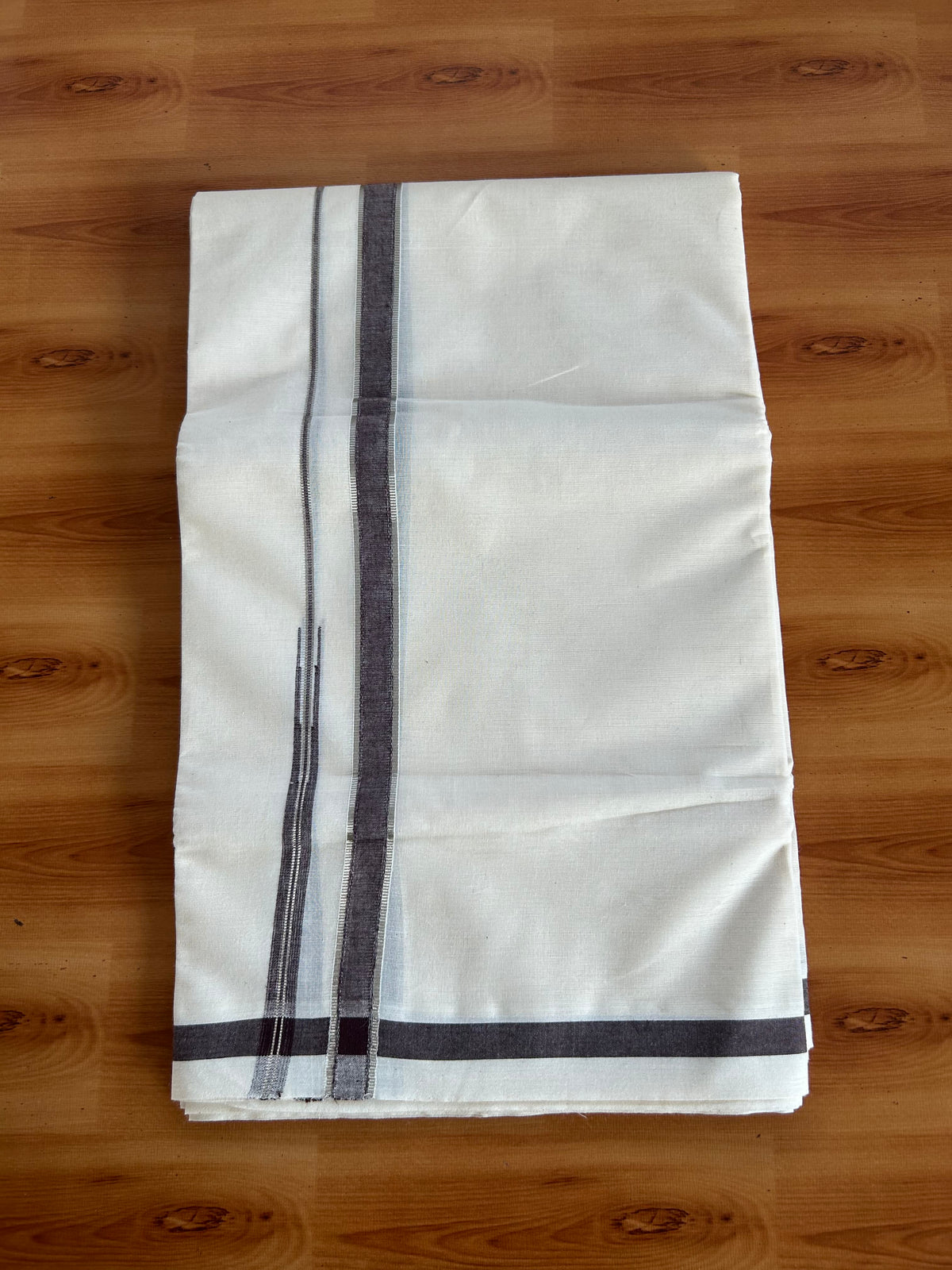 Double Off White (Unbleached) Mundu/Dhoti - 20% Discount!! KaithariKada Pulimood 100% Cotton 100X80-  0.75 inch Puliyilakkara Silver & Kasav Coffee Brown Chutty Kara - 4 mtr  (8.5 muzham) - 3 KK5548 VAS