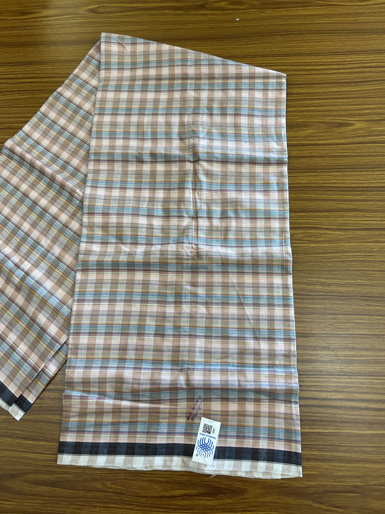 Kerala Handloom - Signature Kaitharikada - 100% Pure Cotton - 2/60X40s Twisted Thread - Handloom Single Mundu/Dhoti - Light Peach & Multi colour Check Body  - Above 2 mtr - 66 KK8046 KAL