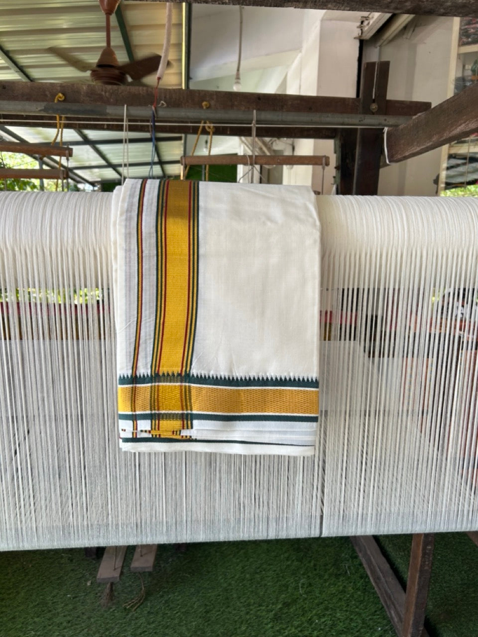 20% Discount! KaithariKada Cotton Mix Off White - (Unbleached) 80X90 thread - North Indian- Attached Gamcha - 10X6 Dhoti - 1.25 inch Green Gold Kasav kara with Dark Maroon & Green Gold Kasav Design border - 10 KK8304 PMC