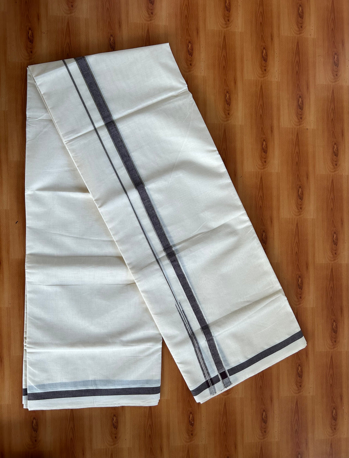 Double Off White (Unbleached) Mundu/Dhoti - 20% Discount!! KaithariKada Pulimood 100% Cotton 100X80-  0.75 inch Puliyilakkara Silver & Kasav Coffee Brown Chutty Kara - 4 mtr  (8.5 muzham) - 3 KK5548 VAS