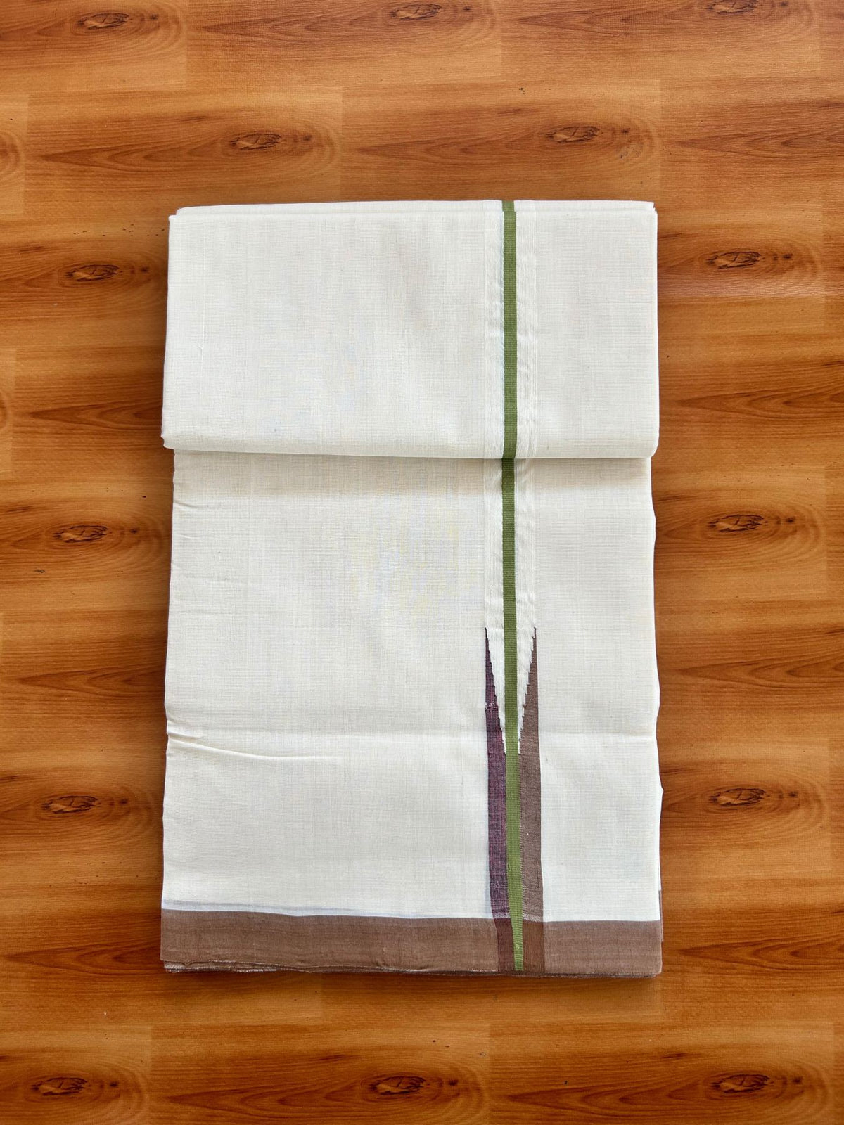Double Off White (Unbleached) Mundu/Dhoti - 25% Discount!! KaithariKada Handloom Unakkupaav - 100% Pure Cotton - 100x80 - 1 inch Puliyilakkara Light Green & Brown Multi colour Chutty 4 meter (8.5 muzham) - 17 KK5498 REA