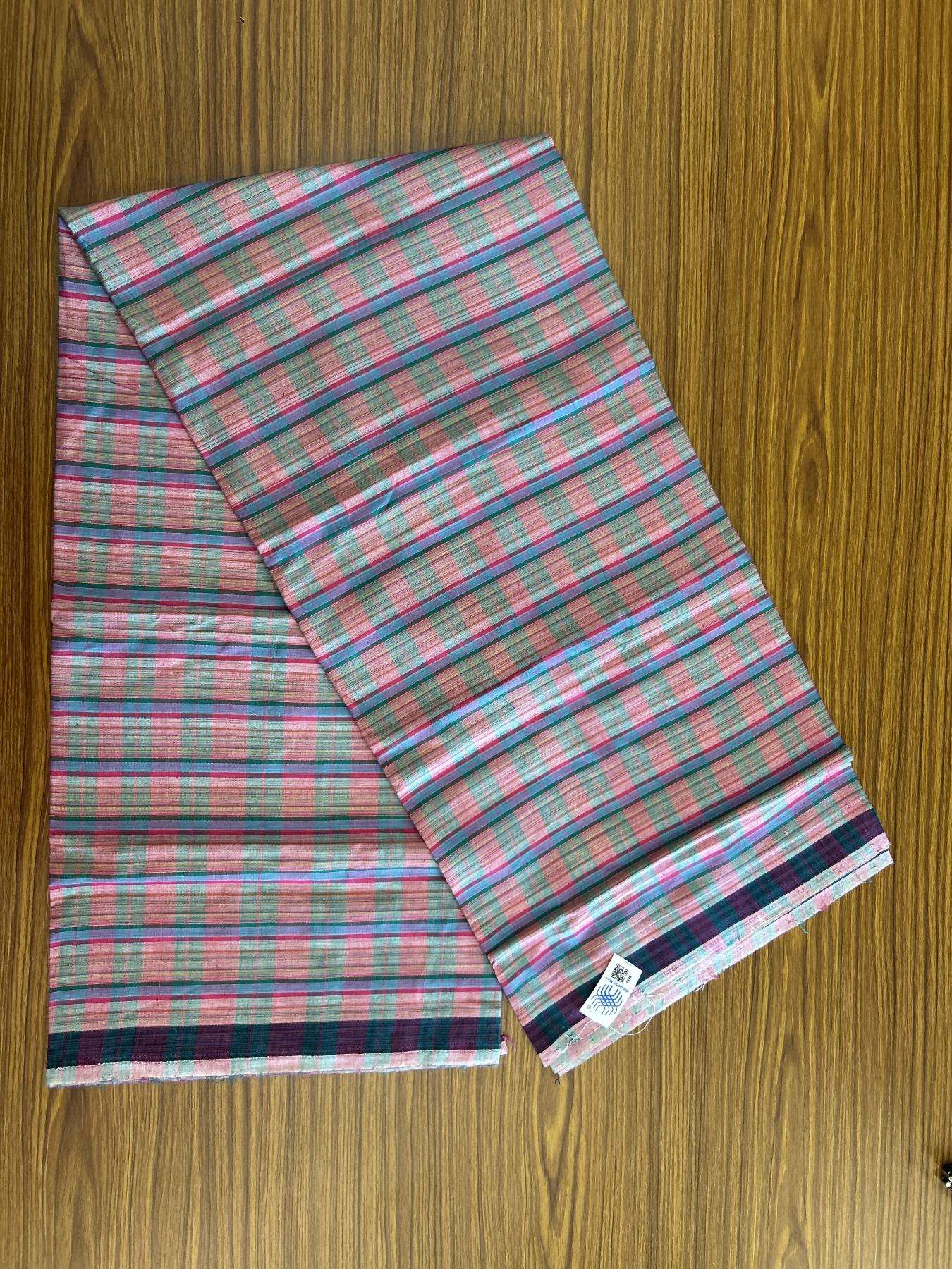 Kerala Handloom - Signature Kaitharikada - Government Sealed Hallmarked - 100% Pure Cotton - 2/60X40s Twisted Thread - Handloom Single Mundu/Dhoti - Dark Pink & Green Check Body  - 2.42 mtr - 57 KK8046 KAL