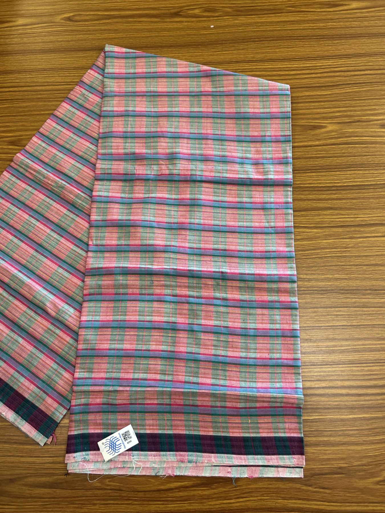 Kerala Handloom - Signature Kaitharikada - Government Sealed Hallmarked - 100% Pure Cotton - 2/60X40s Twisted Thread - Handloom Single Mundu/Dhoti - Dark Pink & Green Check Body  - 2.42 mtr - 57 KK8046 KAL