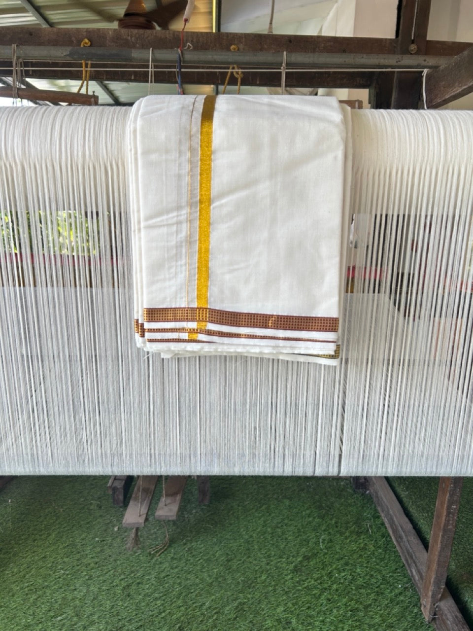 20% Discount! KaithariKada Cotton Mix Off White - (Unbleached) 80X90 thread - North Ii-ndian- Attached Gamcha - 10X6 Dhoti - 0.75 inch Gold Kasav kara with Maroon & Green Gold Kasav Design border - 17 KK8304 PMC