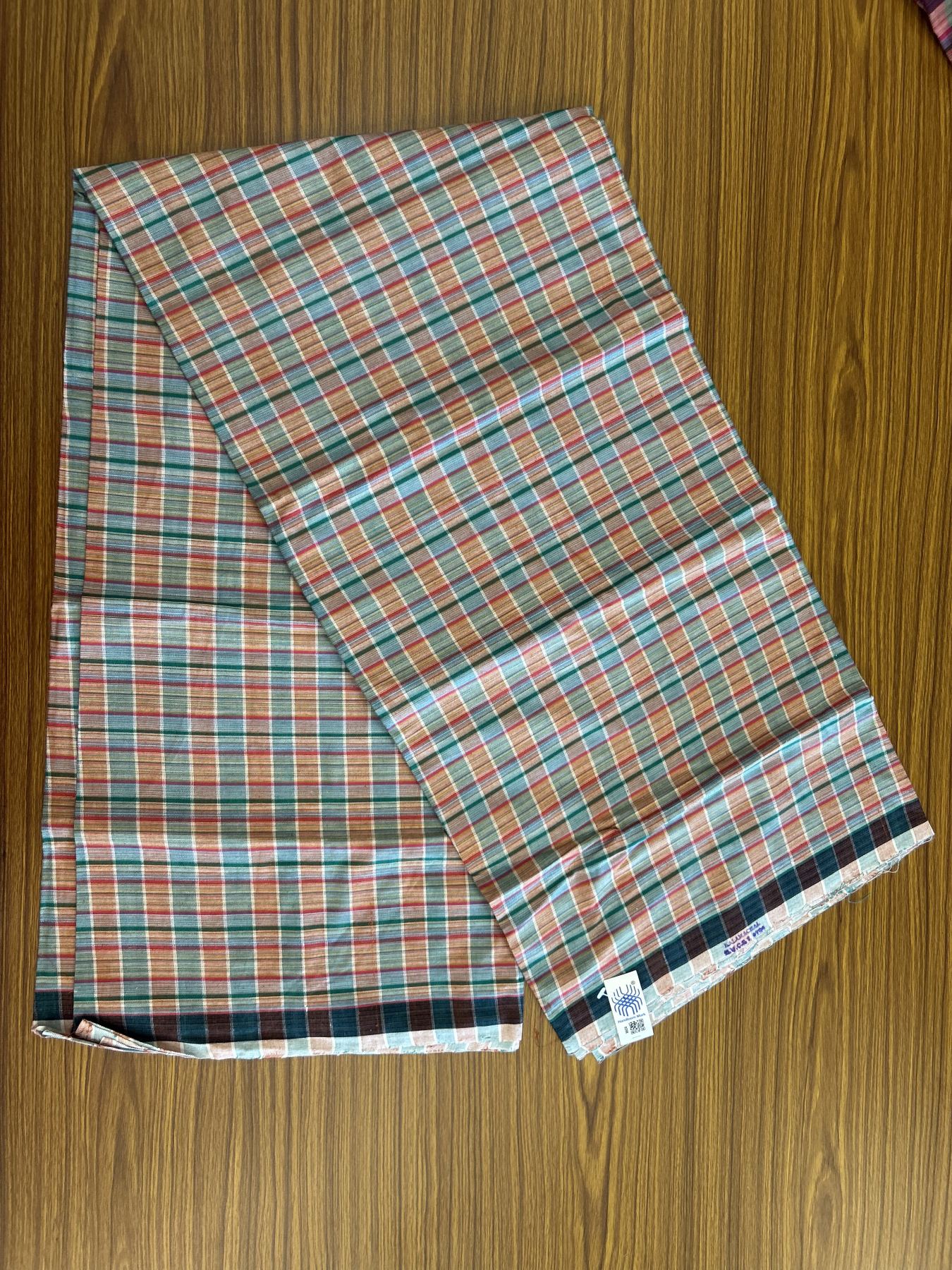 Kerala Handloom - Signature Kaitharikada - Government Sealed Hallmarked - 100% Pure Cotton - 2/60X40s Twisted Thread - Handloom Single Mundu/Dhoti - Green & Dark Pink Check Body  - Above 2 mtr - 52 KK8046 KAL