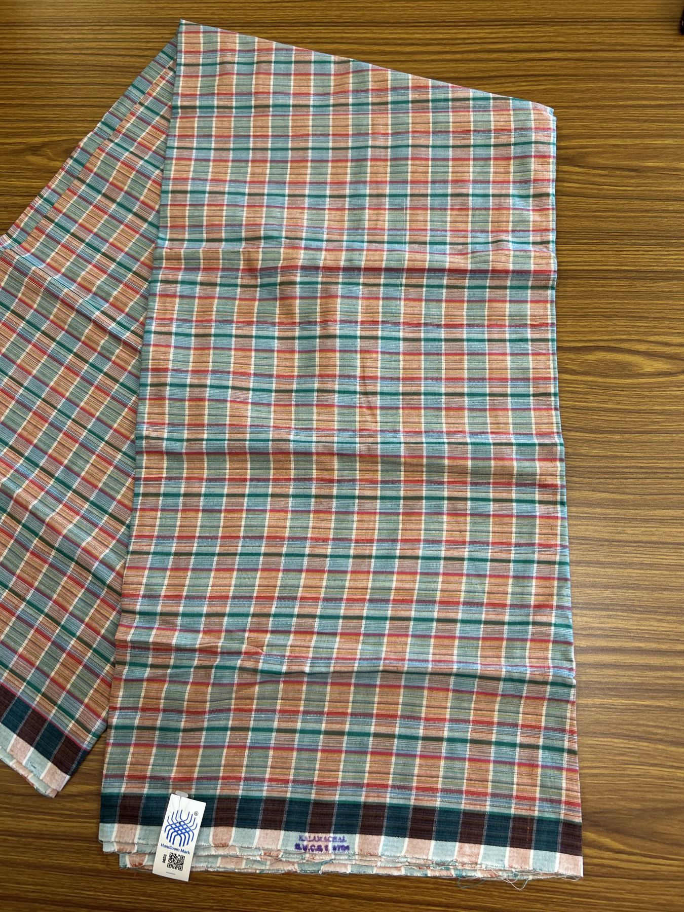 Kerala Handloom - Signature Kaitharikada - Government Sealed Hallmarked - 100% Pure Cotton - 2/60X40s Twisted Thread - Handloom Single Mundu/Dhoti - Green & Dark Pink Check Body  - Above 2 mtr - 52 KK8046 KAL