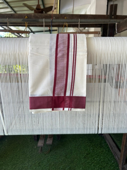 20% Discount! Kaitharikada Mixed Cotton Off White (Unbleached) - 80x90 - North Indian Attached Gamcha - 10x6 - Maroon Shaded border - 24 KK8304 PMC