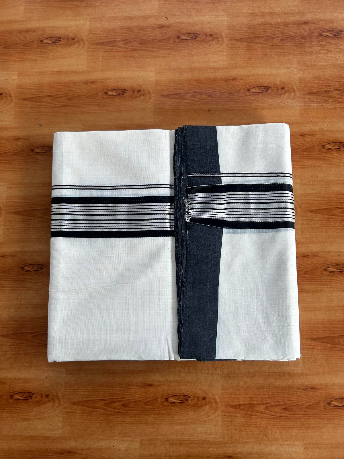 Double Off White (Unbleached) Mundu/Dhoti - 25% Discount! KaithariKada Handloom Unakkupaav Kerala Handloom - Pure Cotton - 80x90 - 1.75 Inch Silver Kasav & Black Striped Kara 4 Mtr (8.5 Muzham) - 1 KK5551 STH