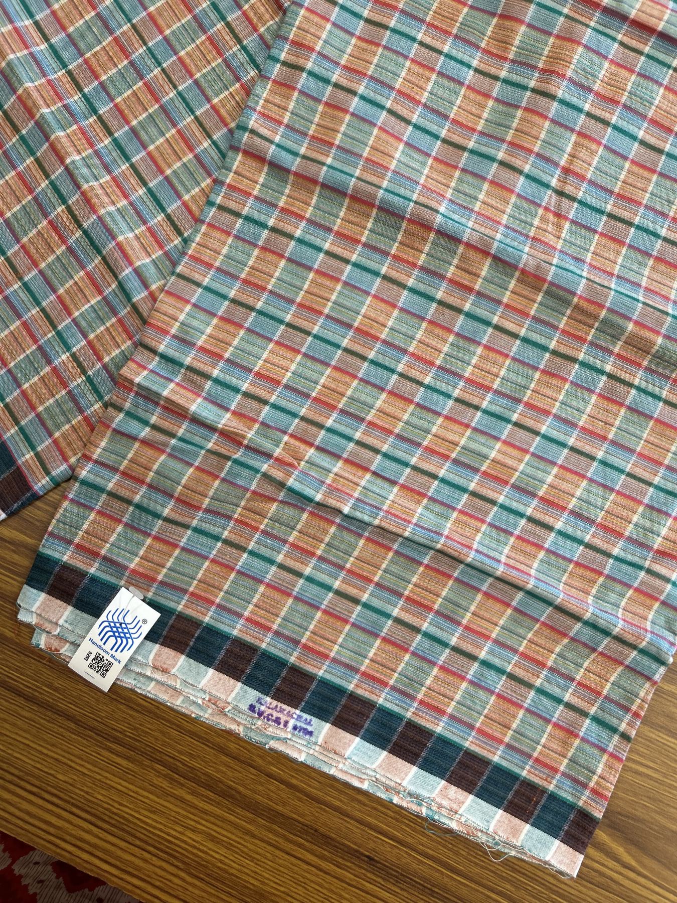 Kerala Handloom - Signature Kaitharikada - Government Sealed Hallmarked - 100% Pure Cotton - 2/60X40s Twisted Thread - Handloom Single Mundu/Dhoti - Green & Dark Pink Check Body  - Above 2 mtr - 52 KK8046 KAL
