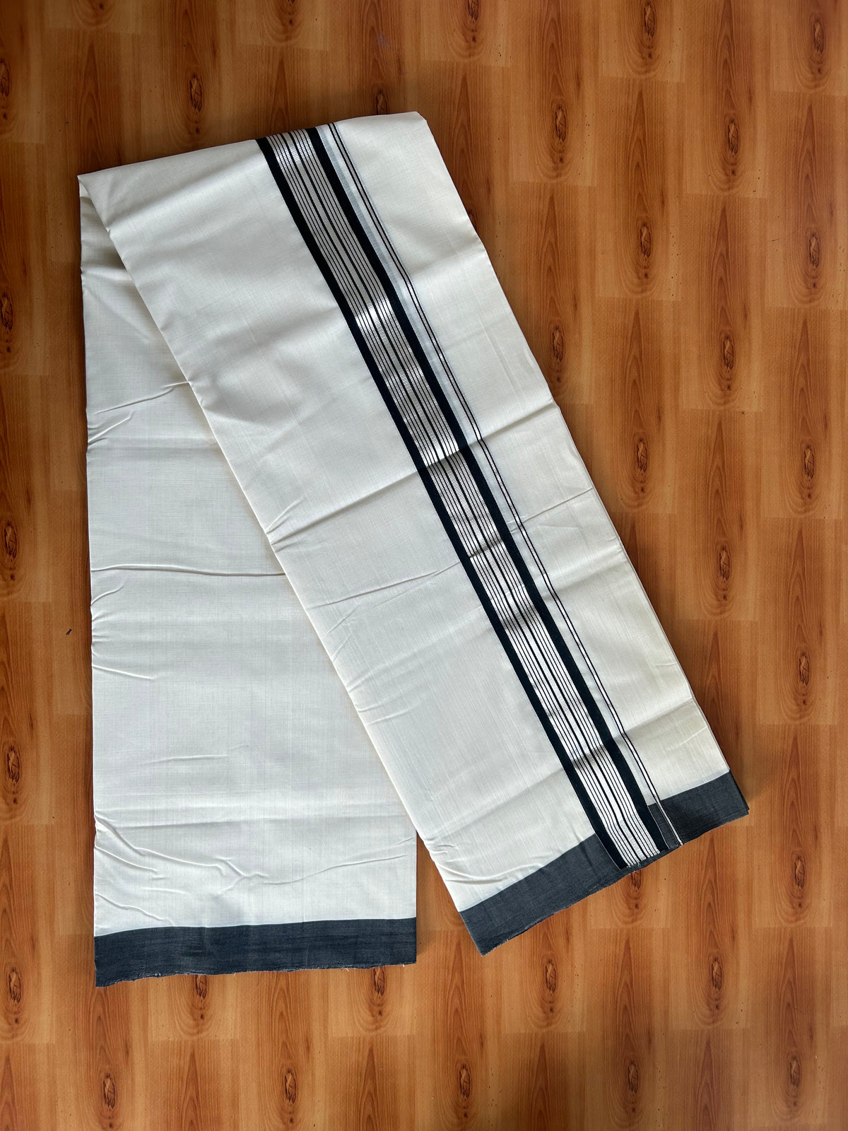 Double Off White (Unbleached) Mundu/Dhoti - 25% Discount! KaithariKada Handloom Unakkupaav Kerala Handloom - Pure Cotton - 80x90 - 1.75 Inch Silver Kasav & Black Striped Kara 4 Mtr (8.5 Muzham) - 1 KK5551 STH
