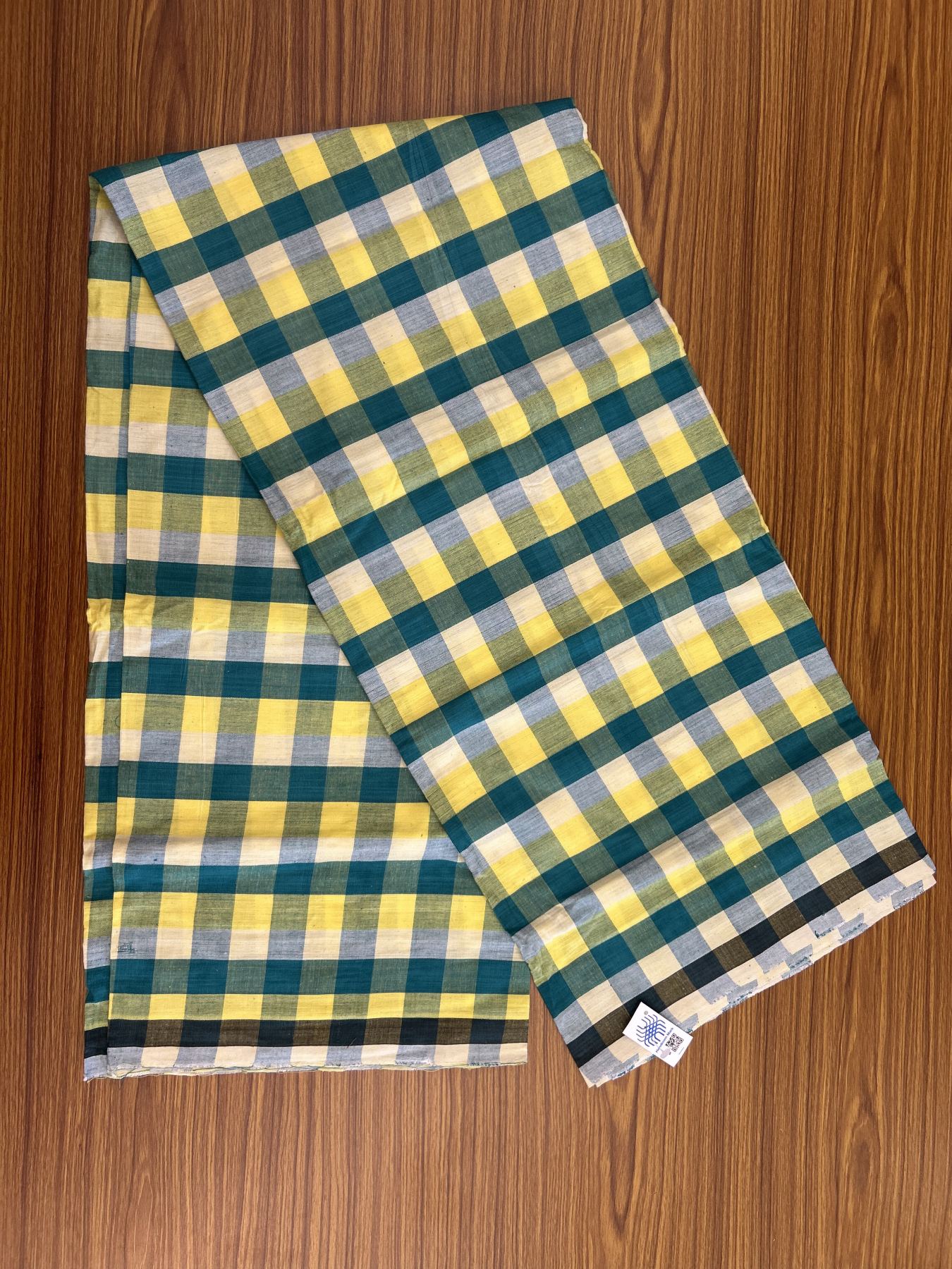 Kerala Handloom - Signature Kaitharikada - Government Sealed Hallmarked - 100% Pure Cotton - 2/60X40s Twisted Thread - Handloom Single Mundu/Dhoti - Green & Yellow Check Body  - 2.24 mtr - 60 KK8046 KAL