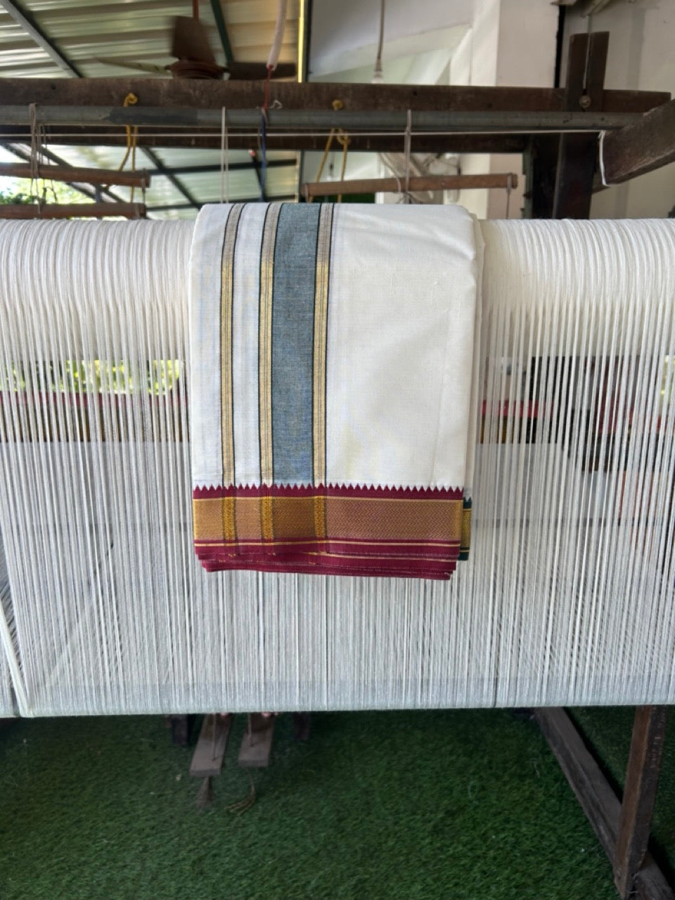 20% Discount! KaithariKada Cotton Mix Off White - (Unbleached) 80X90 thread - North Indian- Attached Gamcha - 10X6 Dhoti - 2 inch Green Gold Kasav kara with Dark Maroon & Green Gold Kasav Design border - 7 KK8304 PMC