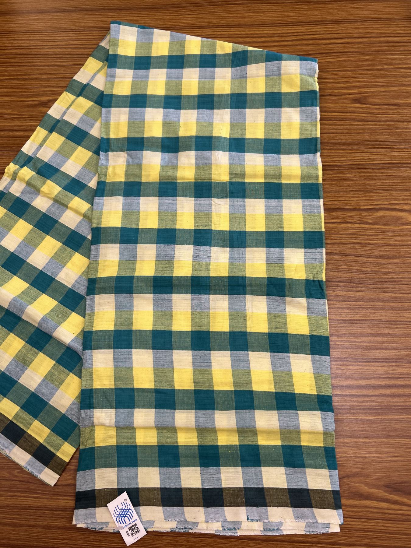 Kerala Handloom - Signature Kaitharikada - Government Sealed Hallmarked - 100% Pure Cotton - 2/60X40s Twisted Thread - Handloom Single Mundu/Dhoti - Green & Yellow Check Body  - 2.24 mtr - 60 KK8046 KAL