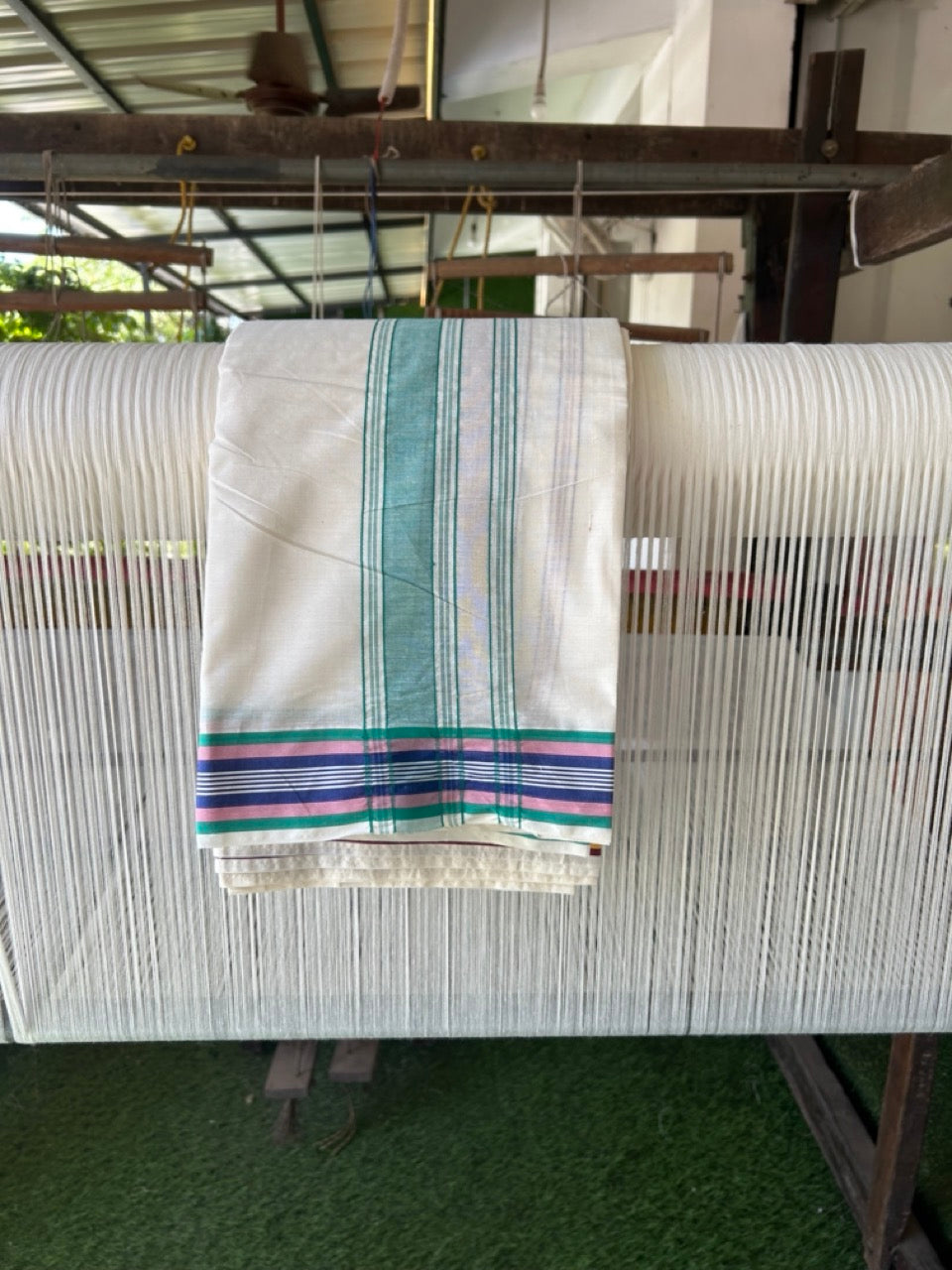 20% Discount! Kaitharikada Mixed Cotton Off White (Unbleached) - 80x90 - North Indian Attached Gamcha - 10x6 - Dhoti Green kara with Violet ,Blue, yellow, Red & Light Blue Striped border - 23 KK8304 PMC