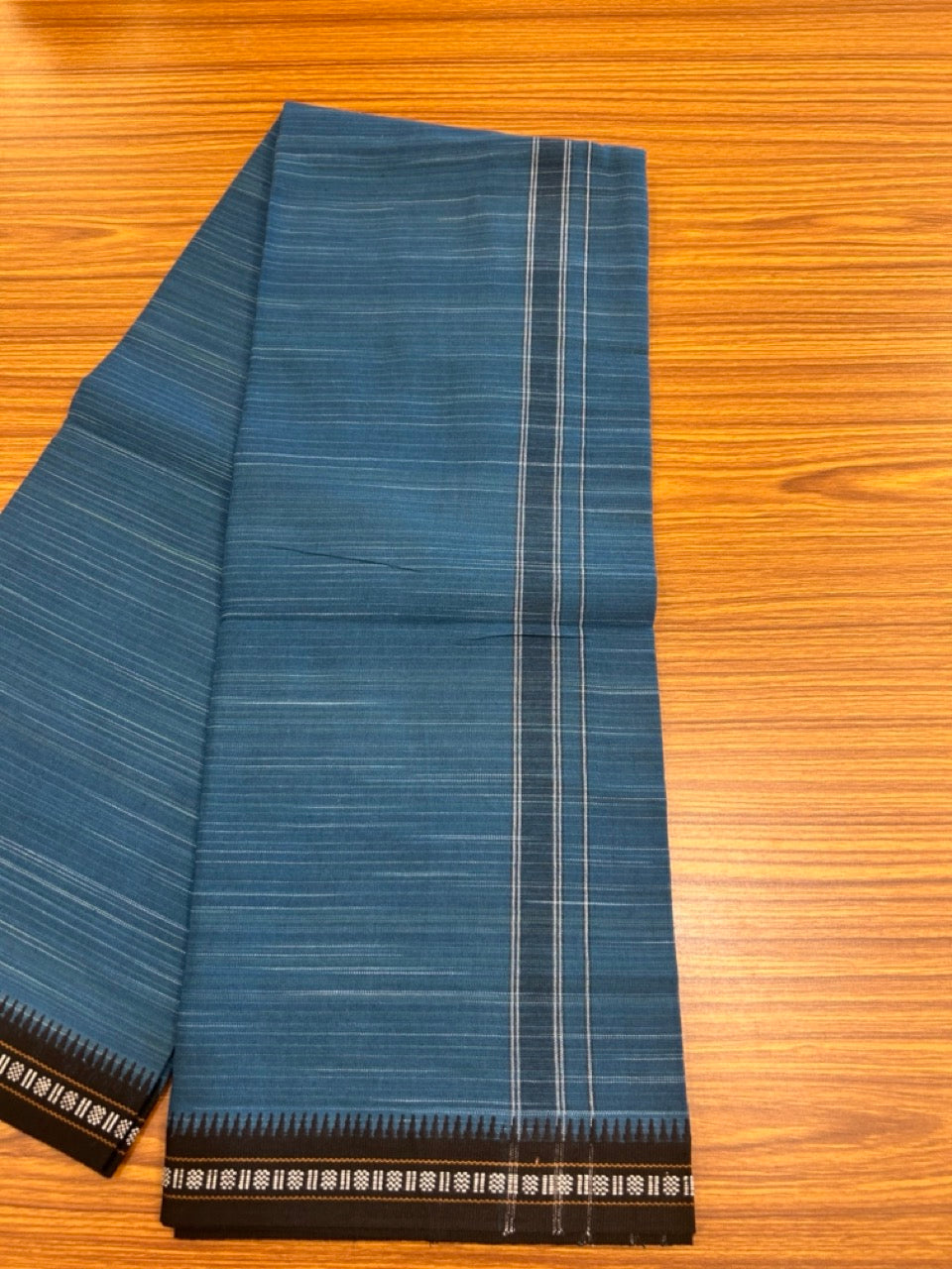 31% Discount!!! Kaitharikada 90% cotton 5 % Polyster  - Single Kaily / Lungi -  1 inch Peacock Blue Striped kara with White & Peacock Blue colour body Kuppadam Border (2 meter / 4 muzham) - 22KK8023 AS