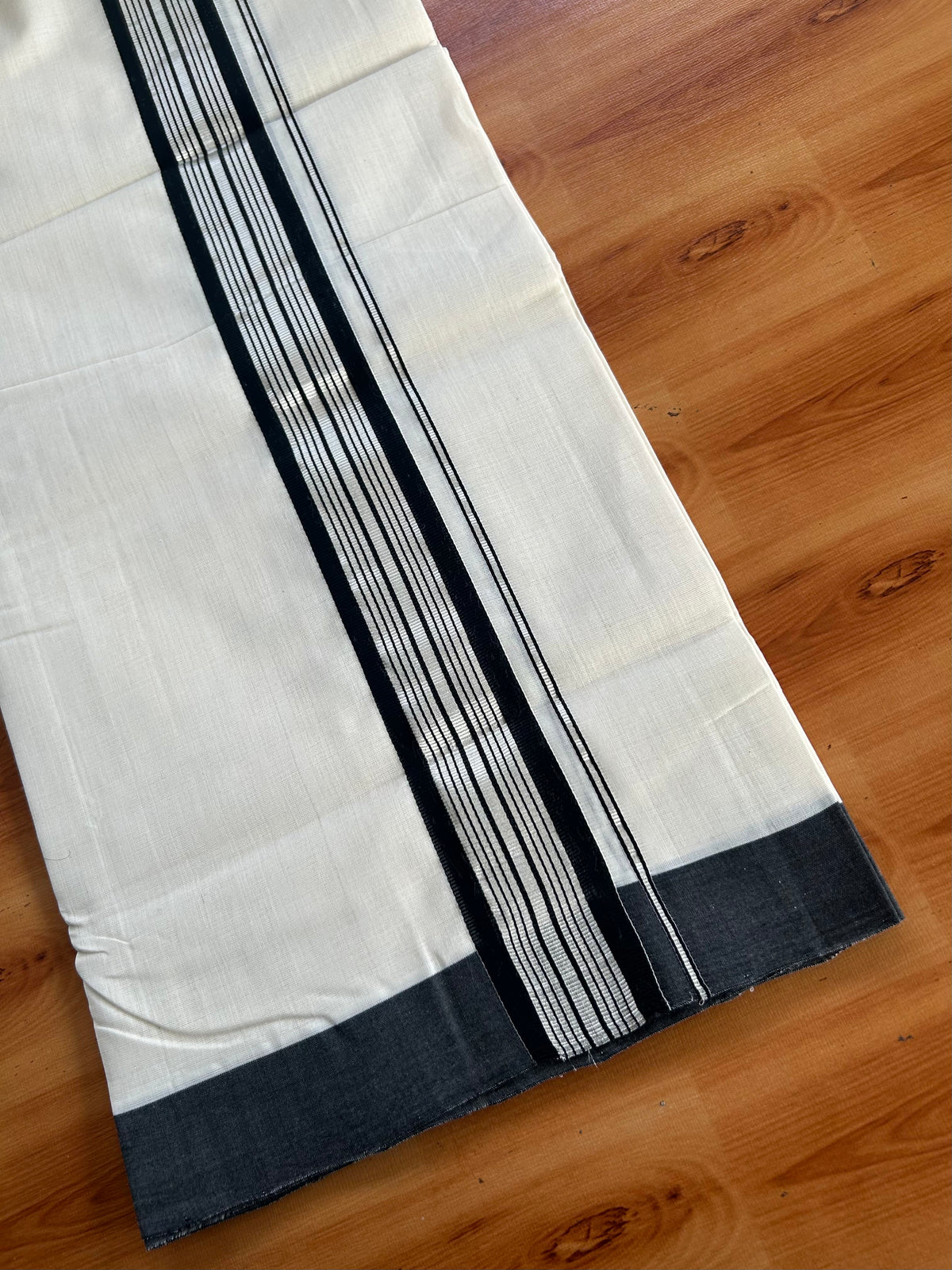 Double Off White (Unbleached) Mundu/Dhoti - 25% Discount! KaithariKada Handloom Unakkupaav Kerala Handloom - Pure Cotton - 80x90 - 1.75 Inch Silver Kasav & Black Striped Kara 4 Mtr (8.5 Muzham) - 1 KK5551 STH
