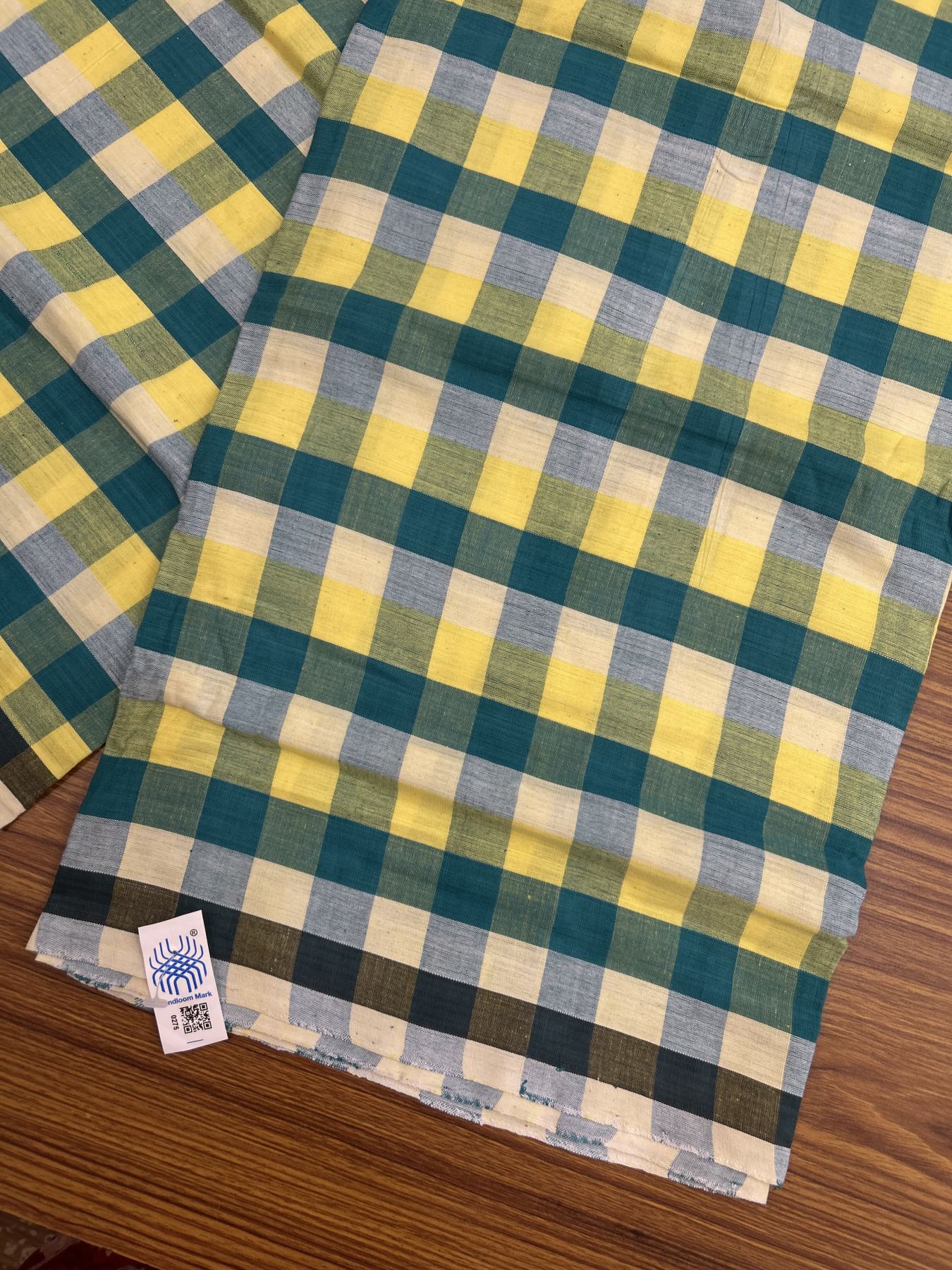 Kerala Handloom - Signature Kaitharikada - Government Sealed Hallmarked - 100% Pure Cotton - 2/60X40s Twisted Thread - Handloom Single Mundu/Dhoti - Green & Yellow Check Body  - 2.24 mtr - 60 KK8046 KAL