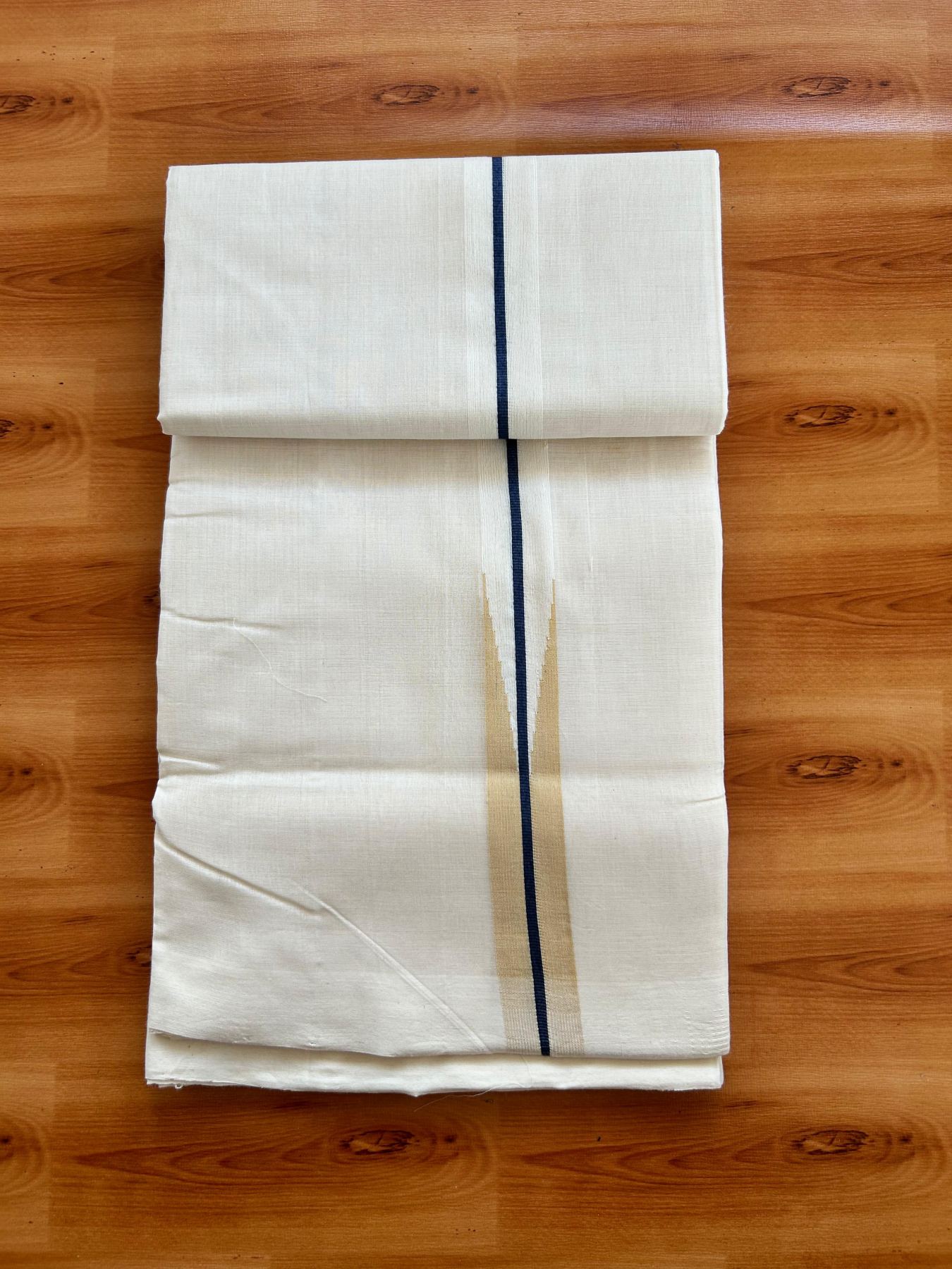 Short Dhoti Special! Double Off White Dhoti - 25% Discount! KaithariKada Kerala Handloom Unakkupaav - 100% Pure Cotton 100x80 - 46 inches Height - 1.25 inch Ash Blue & Cream Puliyilakkara Chutty 3.60 mtr (8 muzham) - 3 KK5498 REA