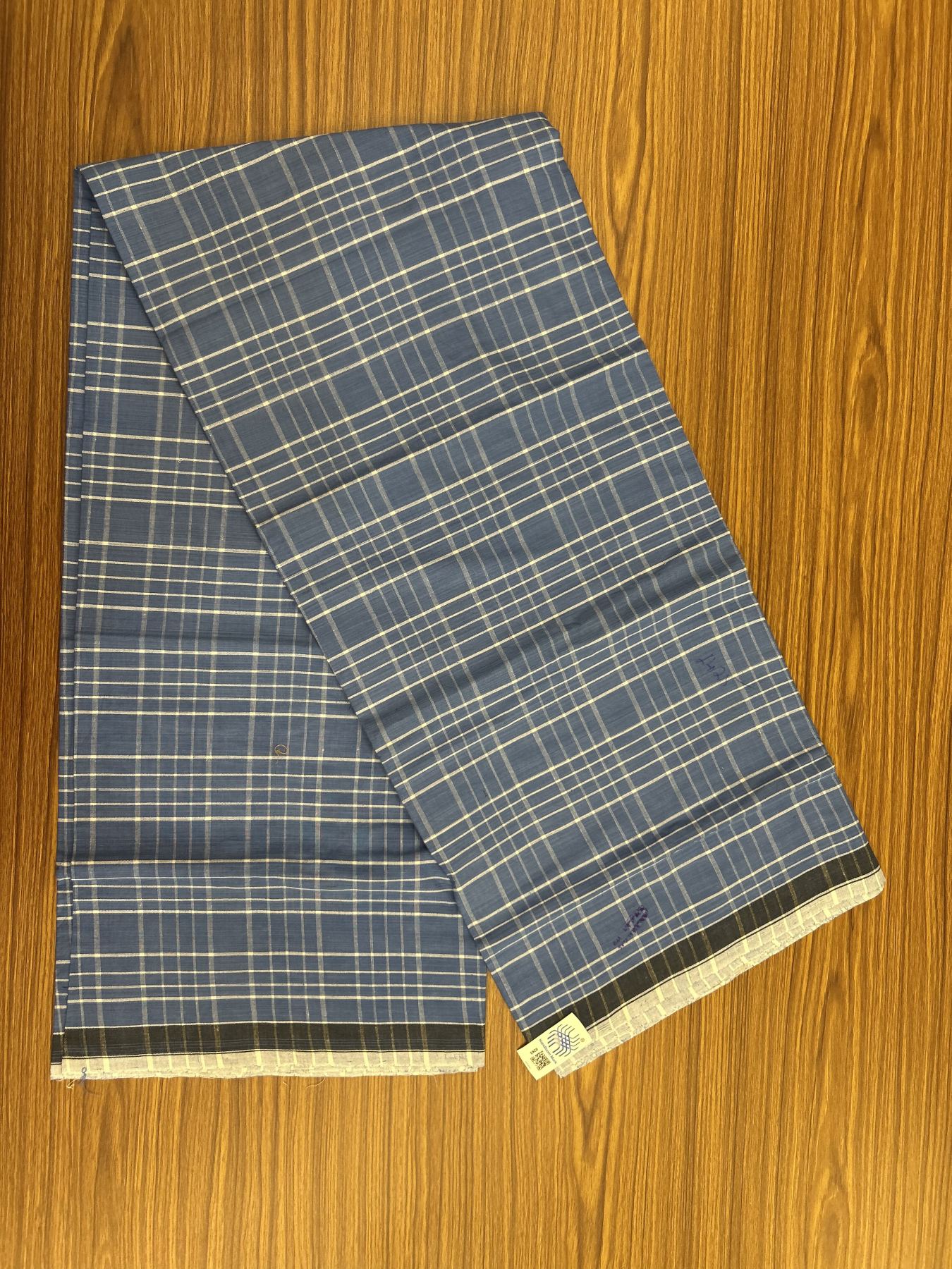 Kerala Handloom - Signature Kaitharikada - Government Sealed Hallmarked - 100% Pure Cotton - 2/60X40s Twisted Thread - Handloom Single Mundu/Dhoti - Blue Check Body  - 2.18 mtr - 55 KK8046 KAL
