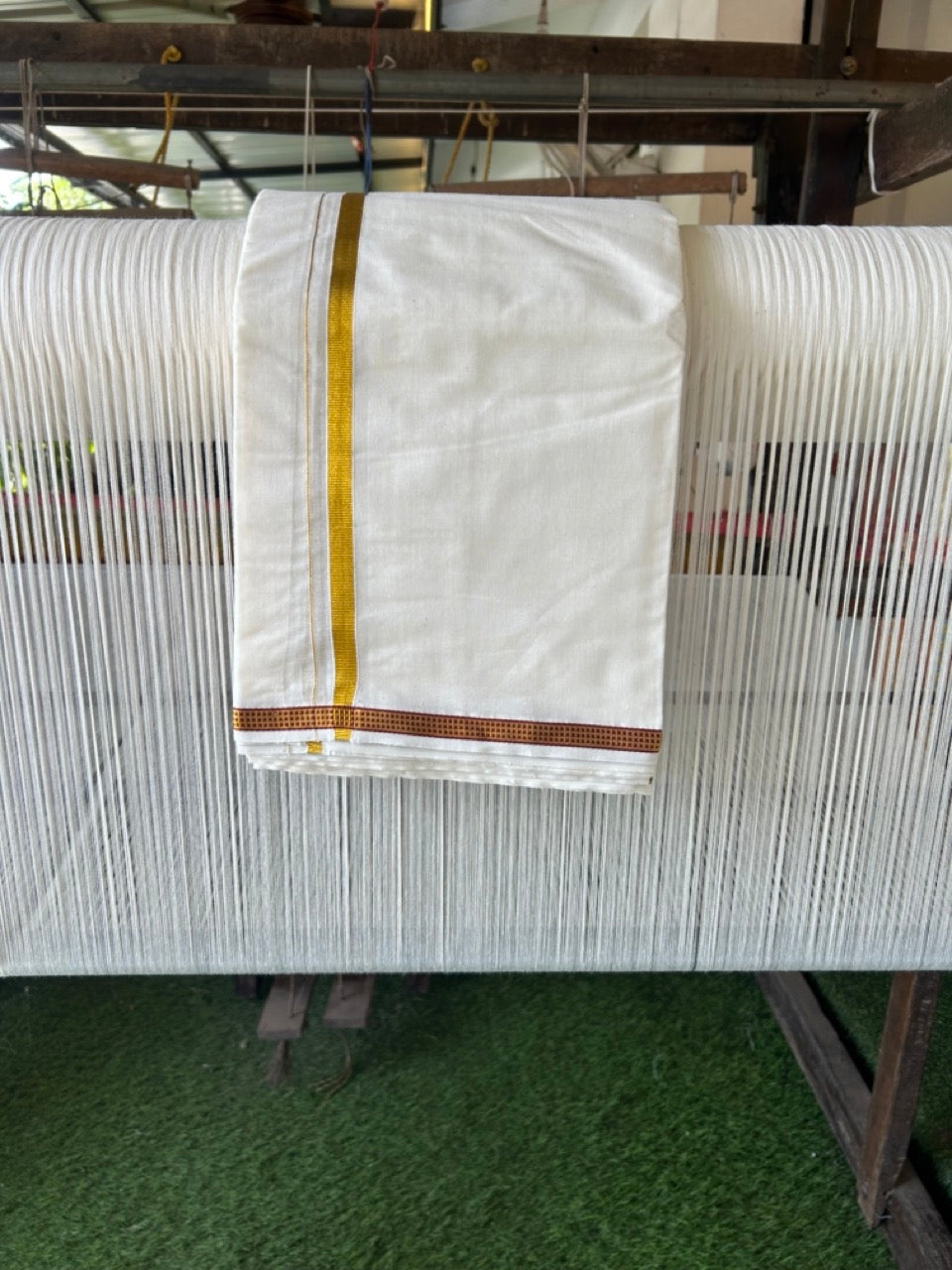 20% Discount! KaithariKada Cotton Mix Off White - (Unbleached) 80X90 thread - North Indian- Attached Gancha - 10X6 Dhoti - 0.5 inch Gold Kasav kara with Maroon & Green Gold Kasav Design border - 16 KK8304 PMC