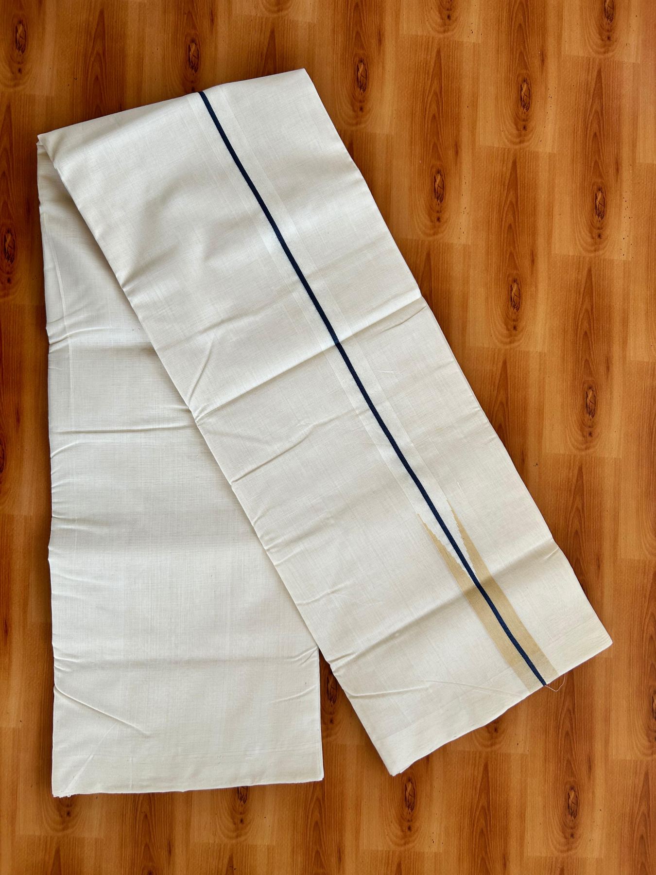 Short Dhoti Special! Double Off White Dhoti - 25% Discount! KaithariKada Kerala Handloom Unakkupaav - 100% Pure Cotton 100x80 - 46 inches Height - 1.25 inch Ash Blue & Cream Puliyilakkara Chutty 3.60 mtr (8 muzham) - 3 KK5498 REA