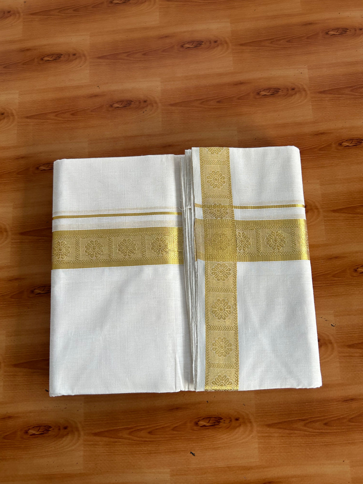Double Off White (Unbleached) Mundu/Dhoti - 25% Discount! KaithariKada Handloom Unakkupaav Kerala Handloom - Pure Cotton - 80x90 - 1.5 inch Gold Kasav Flower Jacquard Design Kara 4 Mtr (8.5 Muzham) - 10 KK5551 STH